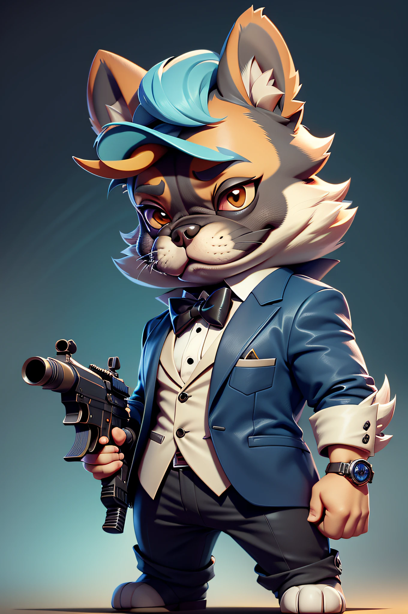 C4tt4stic,James Bond is a tuxie and gun cartoon、Anthropomorphic French bulldog dog