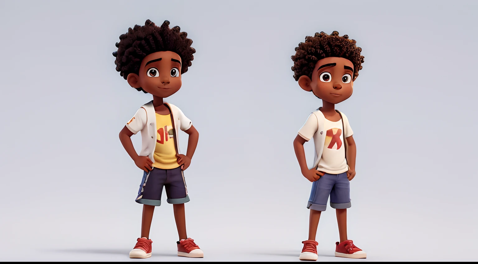 UM garoto de 4 anos (sexo masculino), afrodescendente, on white background, cabelo crespo, camisa branca de manga curta sem detalhes, shorts jeans, sem cinto, without a hat, sem livro, without glasses, sem mochila