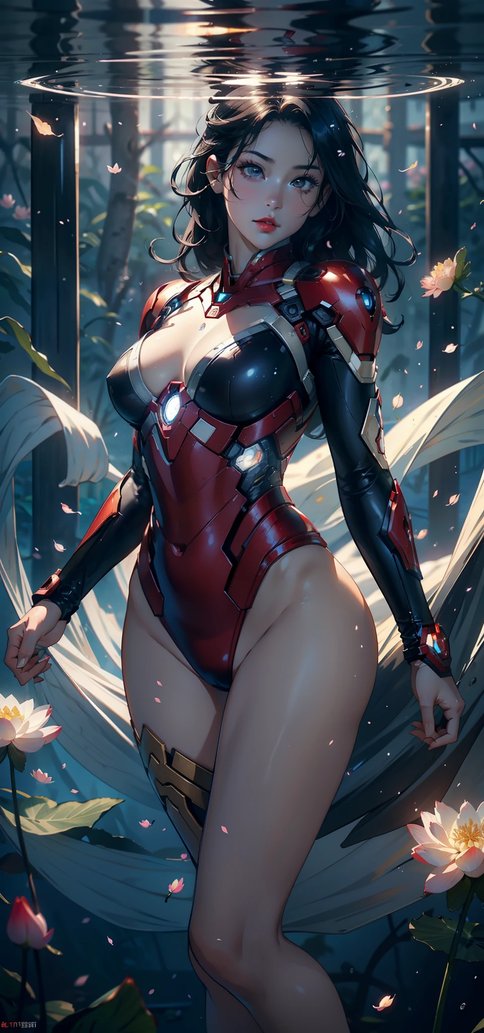(Background with:ponds,Cherry blossom forest,lotus flower)Lie underwater, She has short black hair,seen from the front,, mostly cloudy sky,(((tmasterpiece),(Very detailed CG unity 8K wallpaper),best qualtiy,cinmatic lighting,detailed back ground,beatiful detailed eyes,Bright pupils,Black eyes,Snow-whiteskin,Redlip(Very fine and beautiful),(Beautiful and detailed eye description),ultra - detailed,tmasterpiece,))facing at camera,A high resolution,ultra - detailed),revealing breasts,Bare genitalia, Bulge,legs are open,Raised sexy,Camel toes,Desire for dissatisfaction,frontage,(Wearing :cleanness)Superman uniform,Iron Man Mech