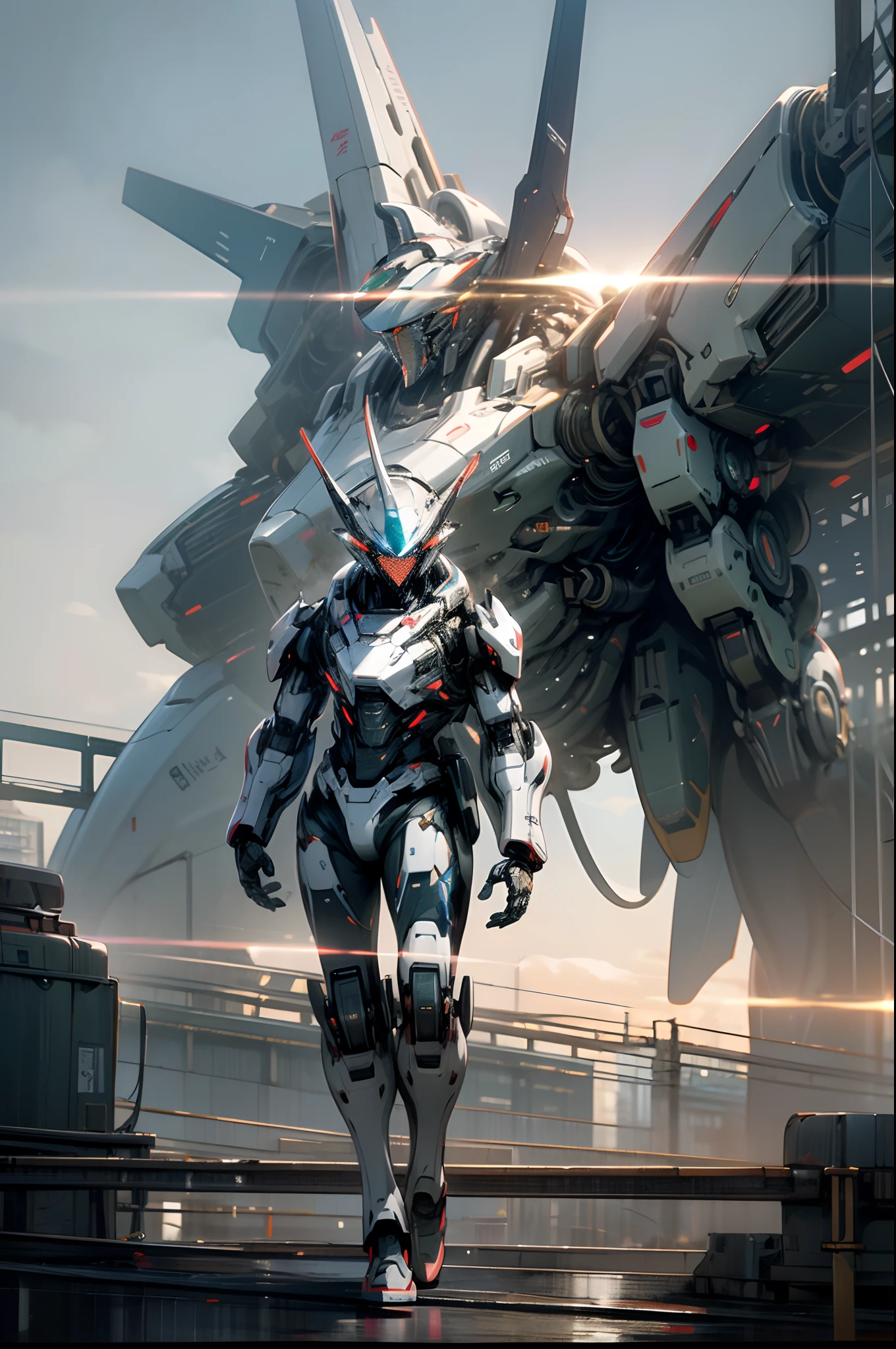 Vanishing Point (from below,), Cinematic Lighting, Motion Blur, Flash, Ray Tracing, High Quality, Award-Limited, Best Quality, High Detail, 16K, 8K, Sky, Clouds, holding_weapon, no_humans, Glow, Robot (Mid-Air), Building, glowing_eyes, Humanoid Mecha (Mid-Air), science_fiction, City, Realistic, Humanoid Mech (Futuristic Mechatronics Feeling),