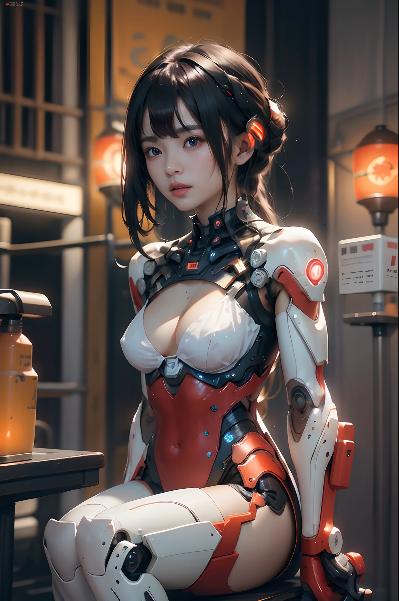 Top Quality, Masterpiece, Ultra High Resolution, (Photorealistic: 1.4), Raw Photo, 1 Asian Girl, Black Hair, Glossy Skin, 1 Mechanical Girl, (Ultra Realistic Detail)), Portrait, Global Illumination, Shadows, Contrast, Octane Rendering, 8K, Ultra Sharp, Big, Cleavage Exposed Raw Skin, Metal, Intricate Ornament Details, Very intricate details, realistic light, CGSoation trend, facing the camera, neon details, mechanical limbs, blood vessels connected to the tube, mechanical vertebrae attached to the back, mechanical cervical attachment to the neck, sitting, wires and cables connecting to the head, gundam, small LED lamps.