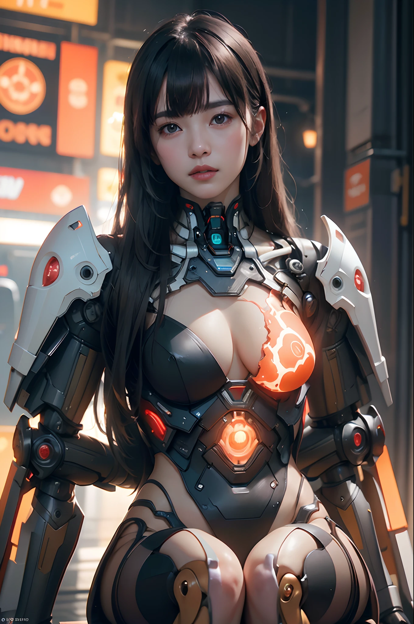 Top Quality, Masterpiece, Ultra High Resolution, (Photorealistic: 1.4), Raw Photo, 1 Asian Girl, Black Hair, Glossy Skin, 1 Mechanical Girl, (Ultra Realistic Detail)), Portrait, Global Illumination, Shadows, Contrast, Octane Rendering, 8K, Ultra Sharp, Big, Cleavage Exposed Raw Skin, Metal, Intricate Ornament Details, Very intricate details, realistic light, CGSoation trend, facing the camera, neon details, mechanical limbs, blood vessels connected to the tube, mechanical vertebrae attached to the back, mechanical cervical attachment to the neck, sitting, wires and cables connecting to the head, gundam, small LED lamps.