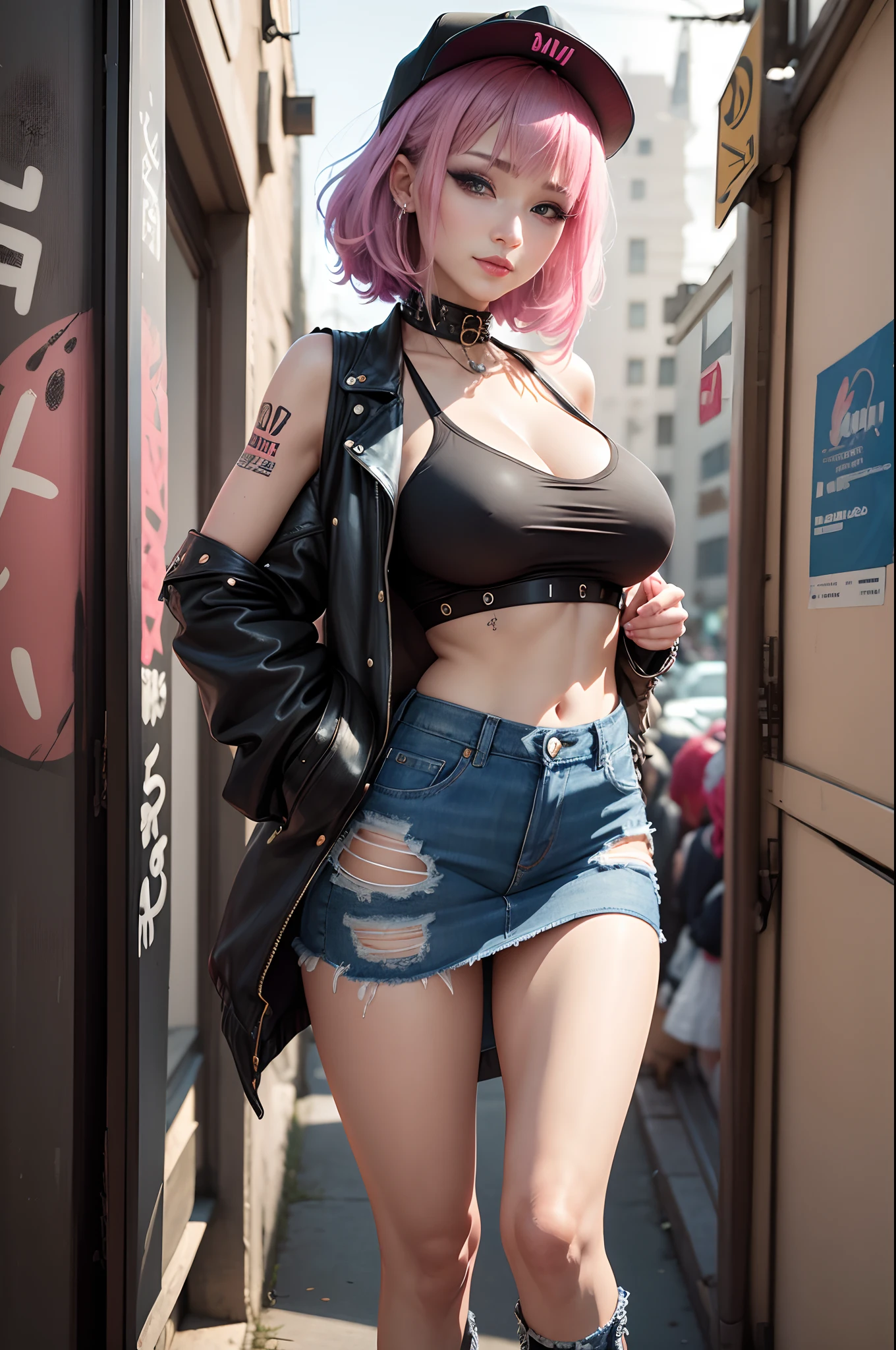 (8K,masuter piece:1.2、top-quality)、(Live action、Intricate details)、(1 milf、独奏、The upper part of the body、Colossal tits) Pink Cyberpunk Costume、enticing Avant-garde、Experimental appearance: Pink berry shortcut、real looking skin Dramatic makeup、: enticing,Sexy costume,Length denim tight skirt,Anti-system、Provocative Location: urban art district、A smile Underground Music Scene Hobbies: Take part in punk shows、Create mixed media art、Experiment with different subcultures values: individuality、authenticity、Creative Expression Inspiration: Punk rock music、Counterculture icons、avant-garde art movements Personality traits: boldness、boldness、Unconventional。