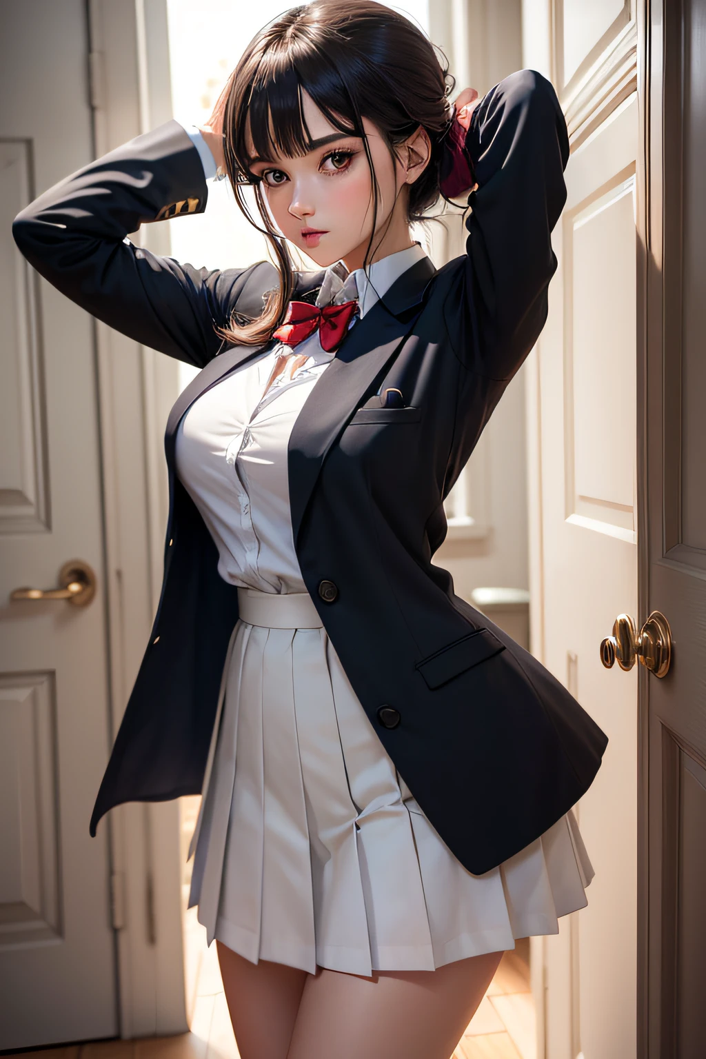 Arya, 1fille, seulement, cheveux longs, yeux bleus, Ahoge, arc, Regarder le spectateur, red bow, veste, bowtie, manches longues, poitrine, chemise, veste ouverte, red bowtie, par, Tir de cowboy, collared shirt, dedans, Uniforme scolaire, cheveux blancs, debout, open clothes, jupe, frange, robe, veste grise, Robe noire, rougir, pleated skirt, lips parted, seins moyens, Pleated dress, chemise blanche, cheveux entre les yeux, veste blanche, Levez la main, blazer, Jupe noire, Cuisses, ouvert par, couloir