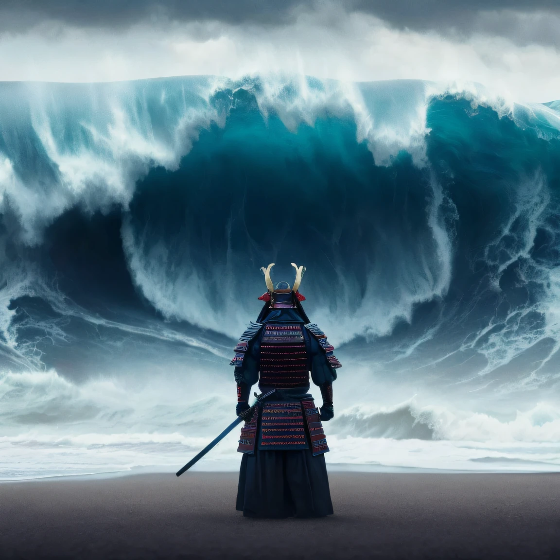 Photo of samurai in red armor standing in front of giant tsunami wave