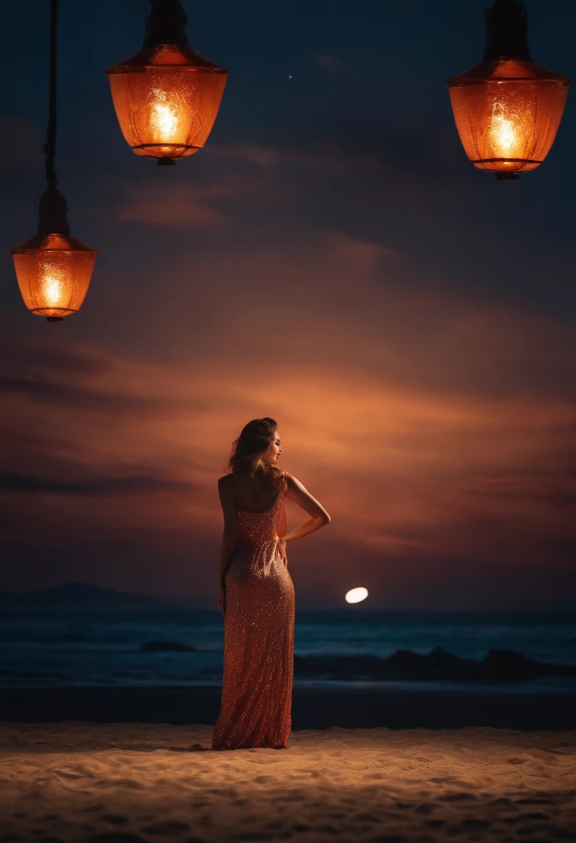 Change background beautiful night with lamps 8k photo real face