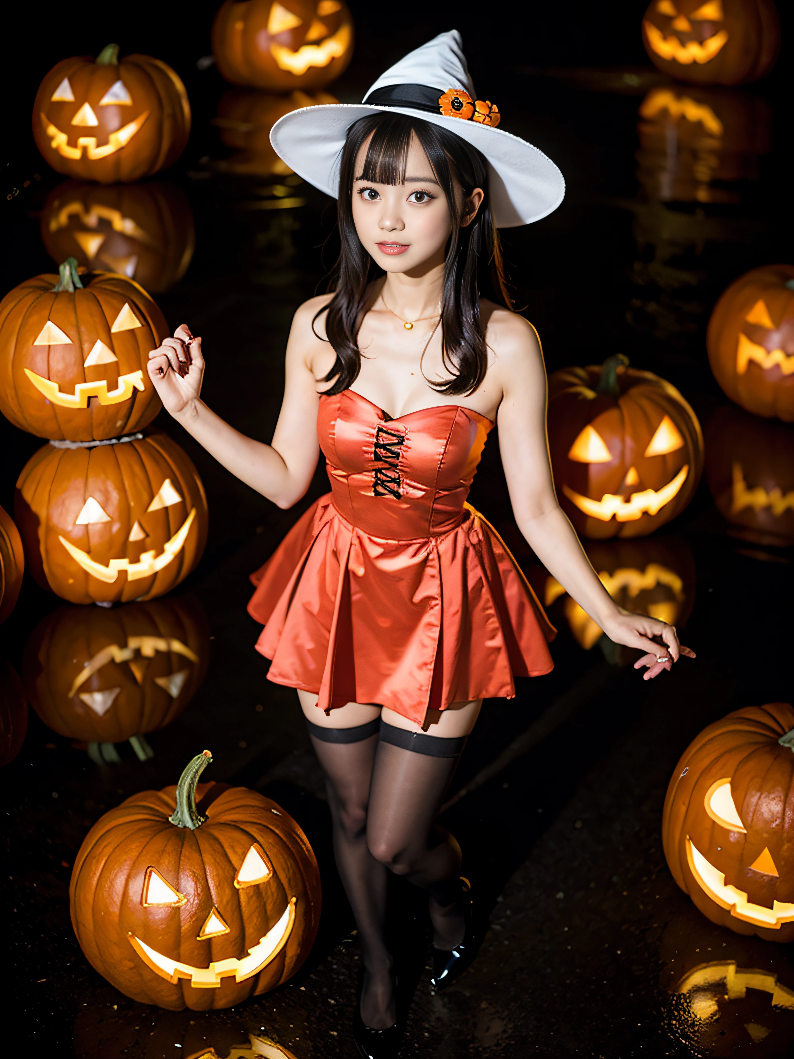 masutepiece, Best Quality, 8K, Textured skin、The ultra -The high-definition、Detailed eye description、, Raw photo, absurderes, award winning portrait, Solo, Night, neons,Girl in Halloween costume、Pumpkin World、Sorcerer、Super short skirt、Idol face, violaceaess, gardeniass, Delicate girl, Low Angle Full Body Shot, Ride the swing、Digital SLR, Candid, Sophisticated,  Smile, Thin arms,  (Bokeh:1.1)