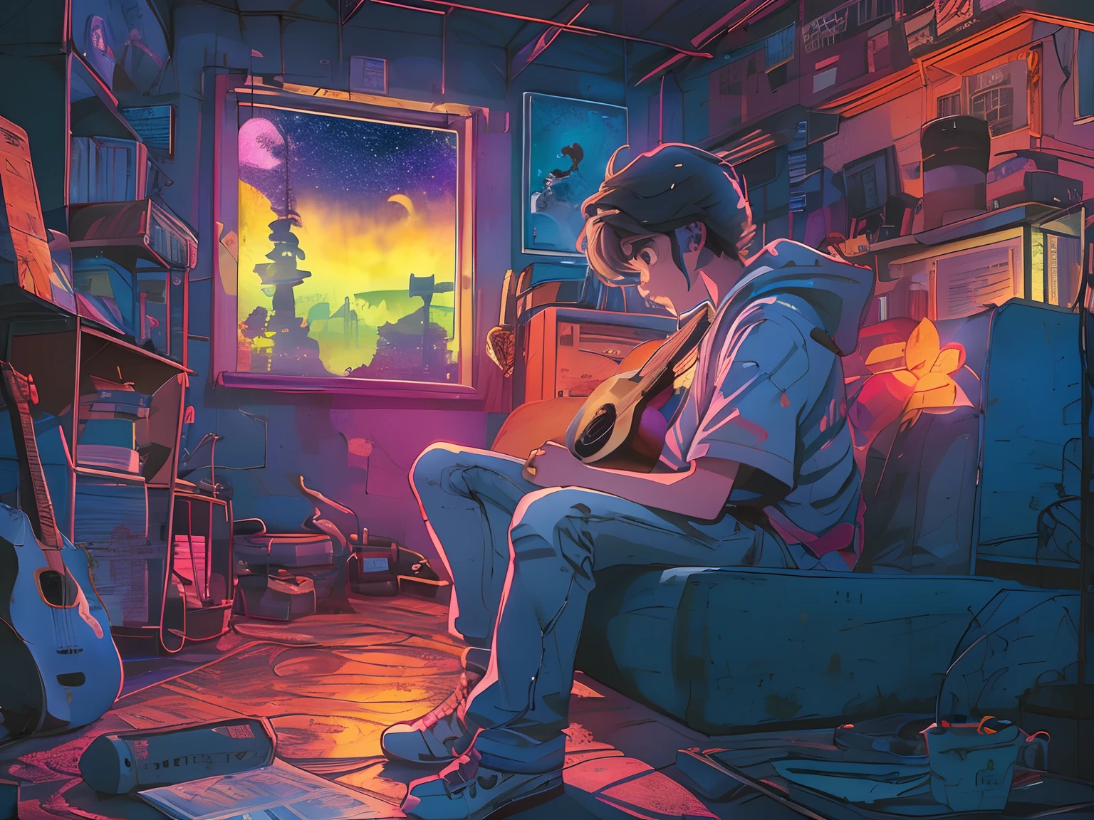 (ZERO), Um menino sentado no telhado de uma casa velha, segurando uma guitarra, Imagem Lo-fi,retro, plano,2.5D, luz noturna, vista para o telhado, Paisagem Neon, beautiful colorful night sky,Estrelas ,analog color theme, fantasia ,arte de linha, desenho a tinta digital, Linha de tinta grande, Aquarela, cor goauche, Estilo Studio Ghibli, Amazing color, Outurn, Synthwave, Arte ZERO,Estilo anos 90,textura antiga, amplitude,Atmosfera dos anos 90, master part, Habilidades massivas