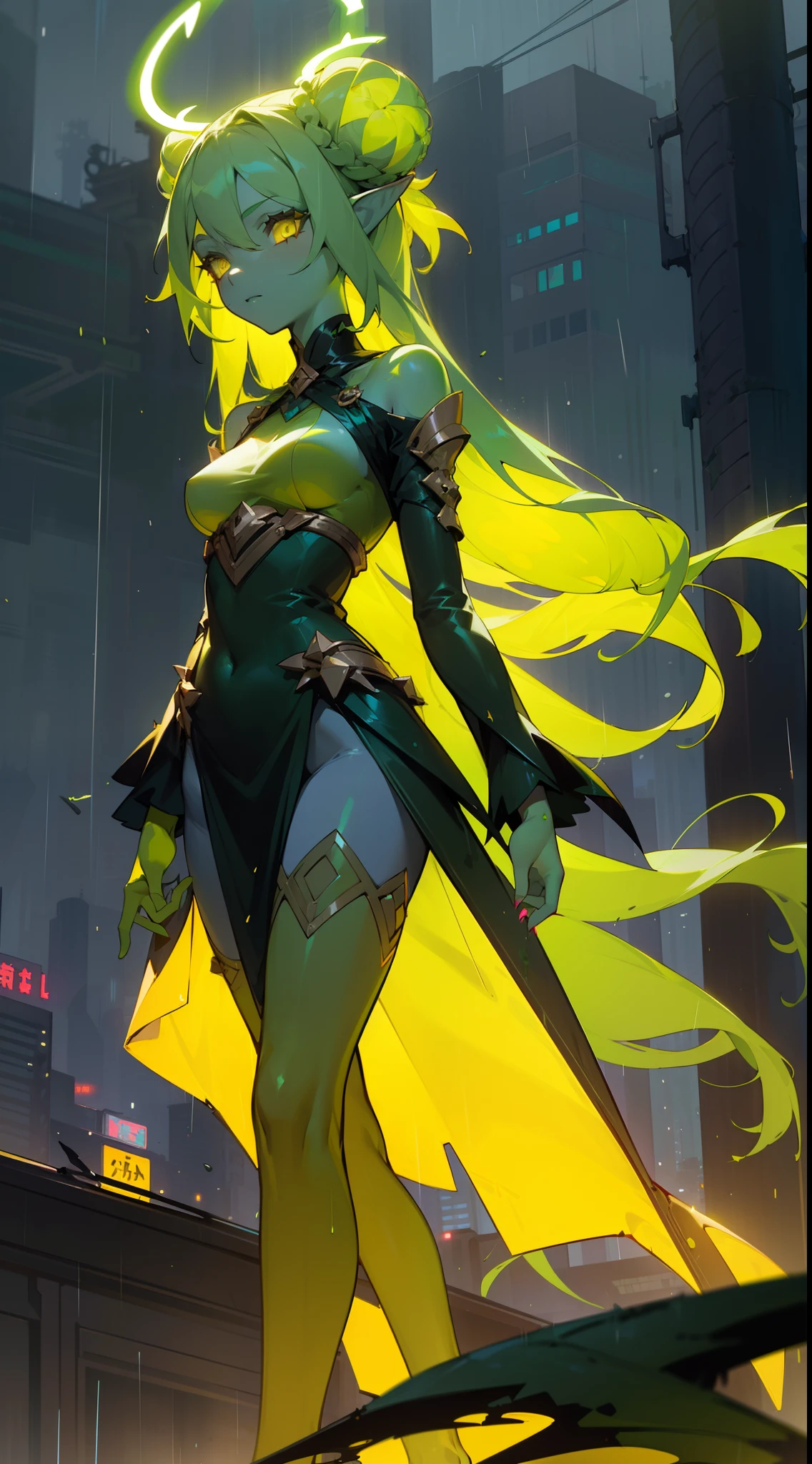 1girl,solo,(((green skin,colored skin))),medium breasts,green hair,((long hair)),double bun,elf ears,yellow eyes, empress of nature dress,black pantyhose,(((yellow halo))),((walking in abandoned night city,raining)), (night)