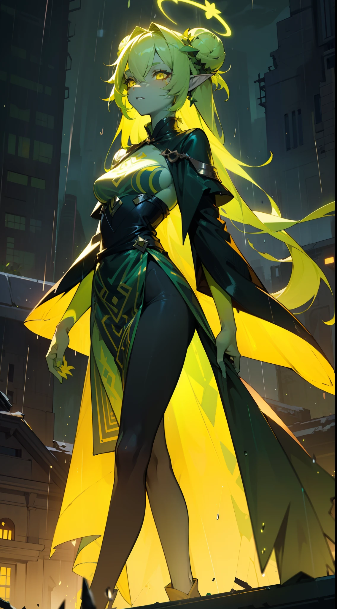 1girl,solo,(((green skin,colored skin))),medium breasts,green hair,((long hair)),double bun,elf ears,yellow eyes, empress of nature dress,black pantyhose,(((yellow halo))),((walking in abandoned night city,raining)), (night)