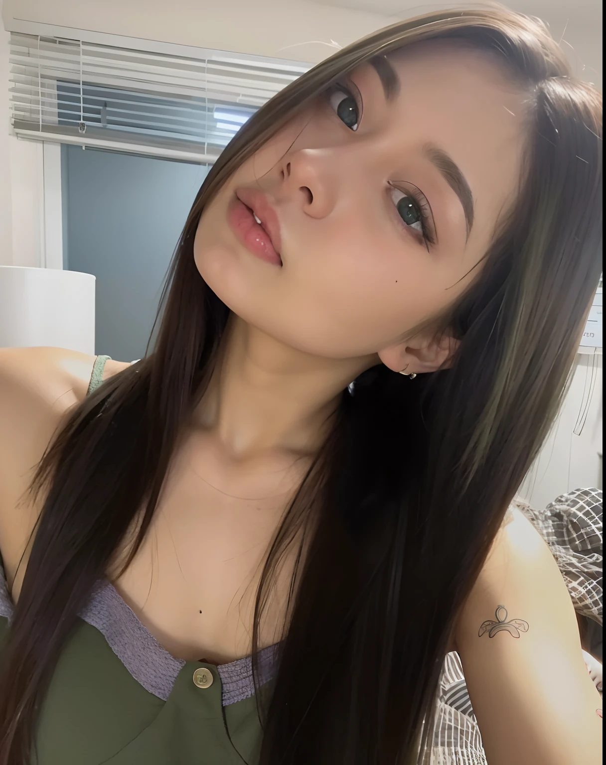 A close up of a woman with long hair wearing a green dress - SeaArt AI