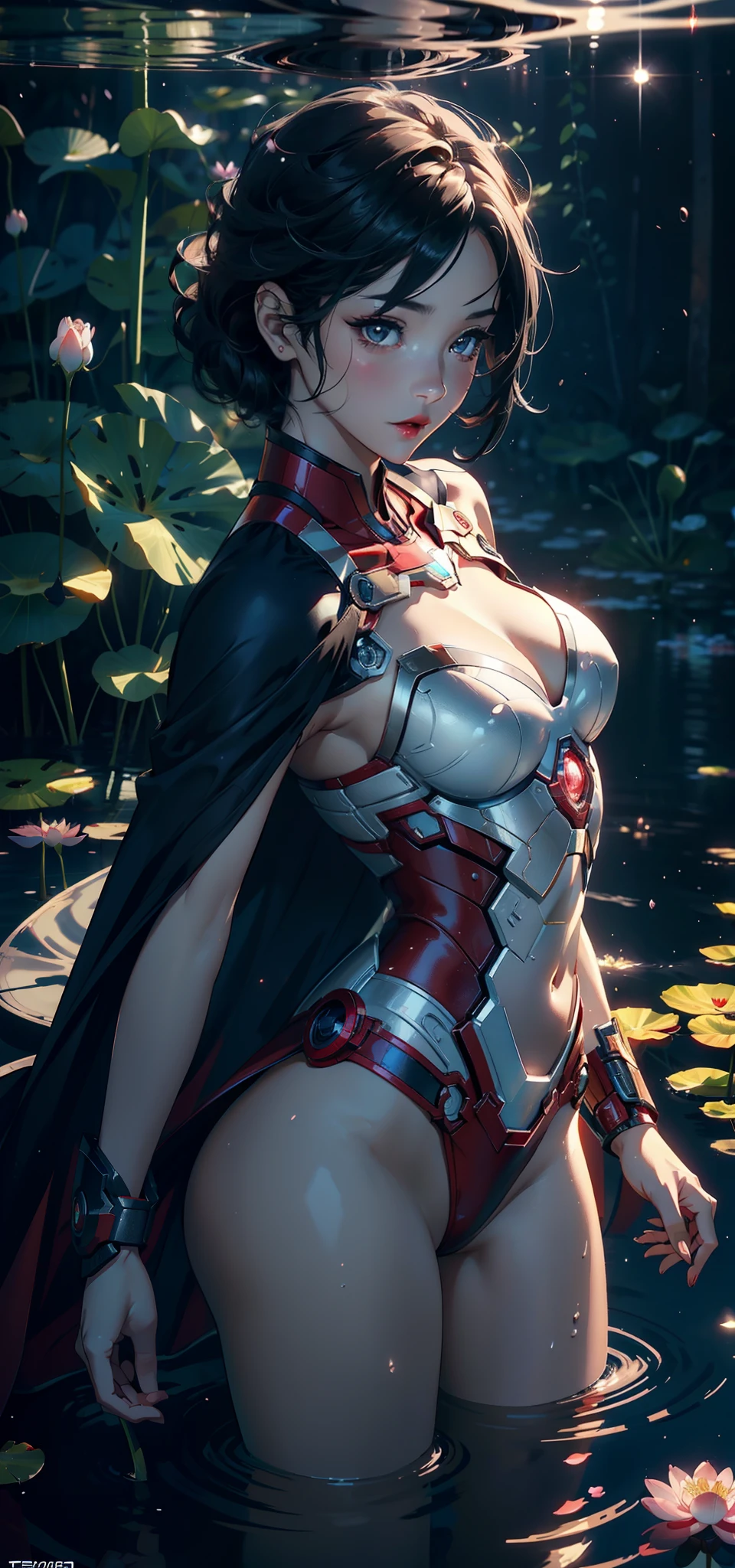 (Background with:ponds,Cherry blossom forest,lotus flower)Lie underwater, She has short black hair,seen from the front,, mostly cloudy sky,(((tmasterpiece),(Very detailed CG unity 8K wallpaper),best qualtiy,cinmatic lighting,detailed back ground,beatiful detailed eyes,Bright pupils,Black eyes,Snow-whiteskin,Redlip(Very fine and beautiful),(Beautiful and detailed eye description),ultra - detailed,tmasterpiece,))facing at camera,A high resolution,ultra - detailed),revealing breasts,Bare genitalia, Bulge,legs are open,Raised sexy,Camel toes,Desire for dissatisfaction,frontage,(Wearing :Black cape,Superman uniform,Iron Man Mech)