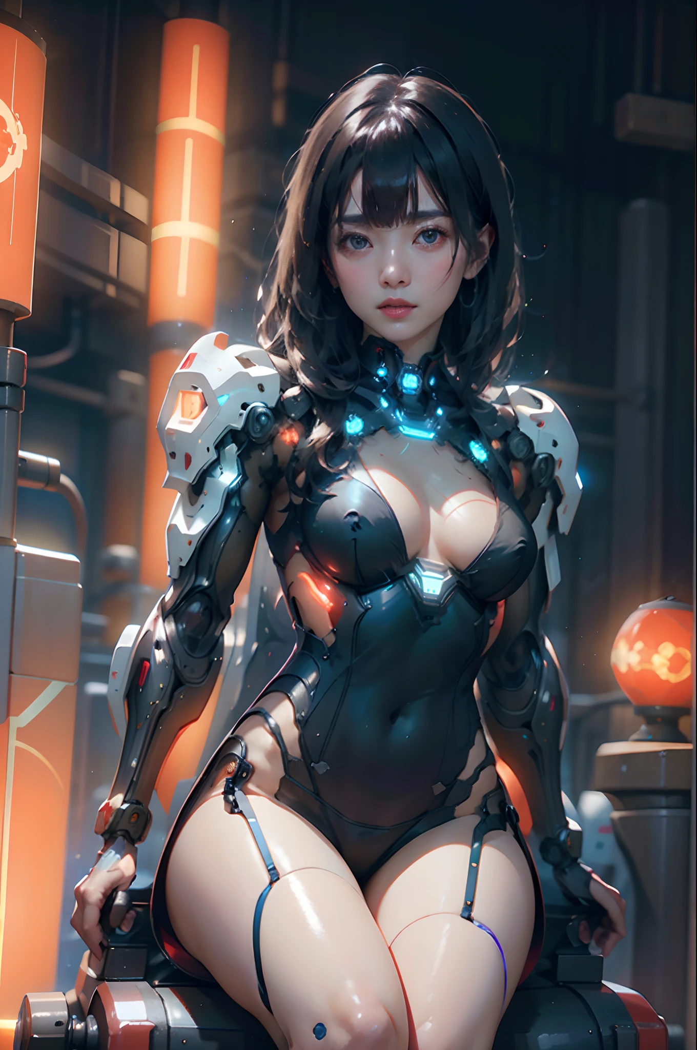 Top Quality, Masterpiece, Ultra High Resolution, (Photorealistic: 1.4), Raw Photo, 1 Asian Girl, Black Hair, Glossy Skin, 1 Mechanical Girl, (Ultra Realistic Detail)), Portrait, Global Illumination, Shadows, Contrast, Octane Rendering, 8K, Ultra Sharp, Big, Cleavage Exposed Raw Skin, Metal, Intricate Ornament Details, Very intricate details, realistic light, CGSoation trend, facing the camera, neon details, mechanical limbs, blood vessels connected to the tube, mechanical vertebrae attached to the back, mechanical cervical attachment to the neck, sitting, wires and cables connecting to the head, gundam, small LED lamps.