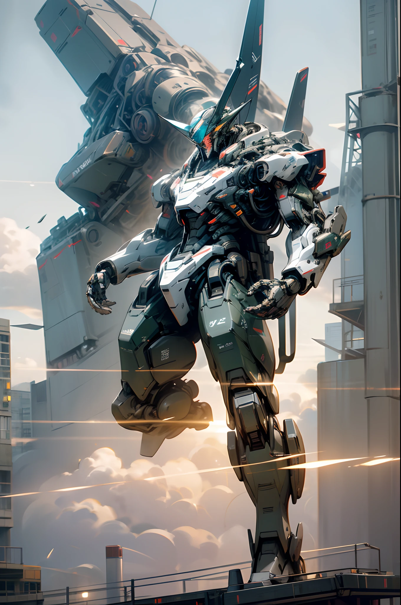 Vanishing Point (from below), cinematic lighting, motion blur, flash, ray tracing, high quality, limited award-winning, best quality, high detail, 16K, 8K, sky, clouds, holding_weapon, no_humans, glow, robot (levitating, floating, flying), architecture, glowing_eyes, humanoid mecha (levitating, floating, flying), science_fiction, city, realistic, humanoid mecha (futuristic mechatronics feeling),