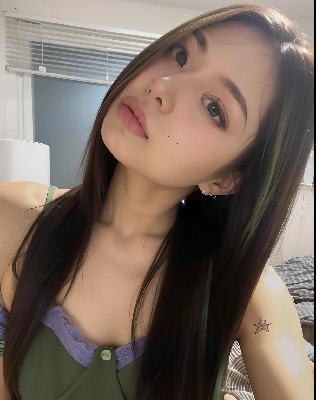 She has an oval face with high cheekbones, a defined jawline is Asian, japanese. His eyes are large and almond, black in color, with long eyelashes and thick, arched eyebrows, with a small scratch on his right eyebrow. His nose is small and straight, and she has full, wide lips. His hair is black with a green streak on the left side., short and smooth, usually worn loose with a fringe that partially covers the forehead. Her skin is fair with lots of freckles on her nose and rosy cheeks.. CROPPED SELFIE FROM TOP DOWN HOLDING PHONE