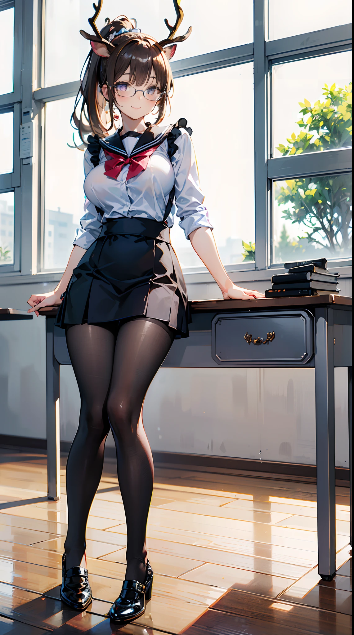 ((masterpiece)), ((best quality)), (ultra-detailed), ((kawaii)), cute, (lovely), ((sexy)), (ero), ((extremely detailed)), 4K, (8K), best quality, (beautiful), realistic, real, focus on the face, full body focus, school, classroom, a pretty woman, solo, brown, ussr school uniform:1.5, apron, beautiful dark brown hair, beautiful purple eyes, ((beautiful eyes with highlights )), white-skinned, ponytail, transparent hair, translucent hair, medium breast, tights, black stockings, glasses, smile, neon light, reflection effect, anthro beauty, deer antlers:1.5, hooves:1.6