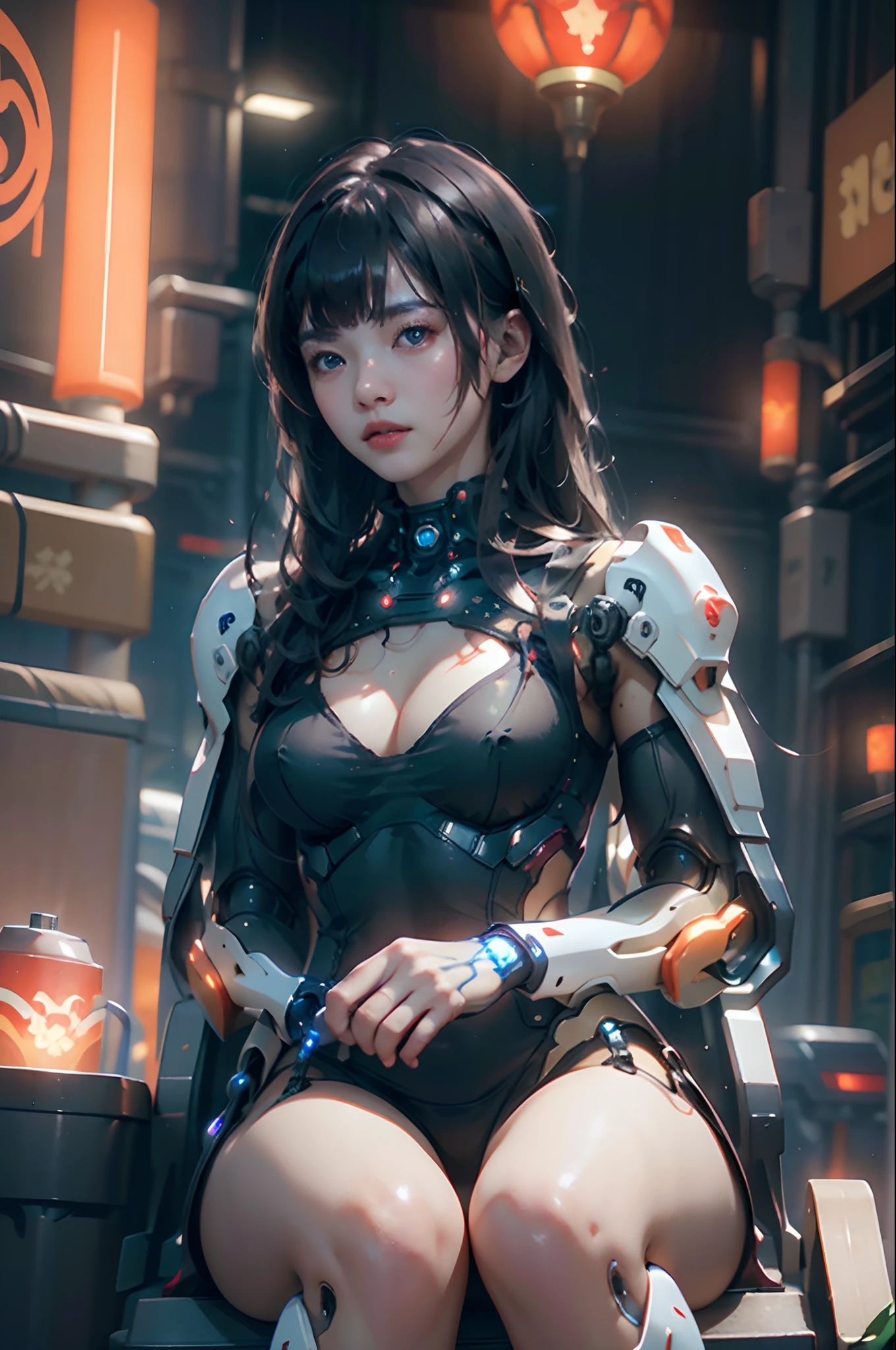Top Quality, Masterpiece, Ultra High Resolution, (Photorealistic: 1.4), Raw Photo, 1 Asian Girl, Black Hair, Glossy Skin, 1 Mechanical Girl, (Ultra Realistic Detail)), Portrait, Global Illumination, Shadows, Contrast, Octane Rendering, 8K, Ultra Sharp, Big, Cleavage Exposed Raw Skin, Metal, Intricate Ornament Details, Very intricate details, realistic light, CGSoation trend, facing the camera, neon details, mechanical limbs, blood vessels connected to the tube, mechanical vertebrae attached to the back, mechanical cervical attachment to the neck, sitting, wires and cables connecting to the head, gundam, small LED lamps.
