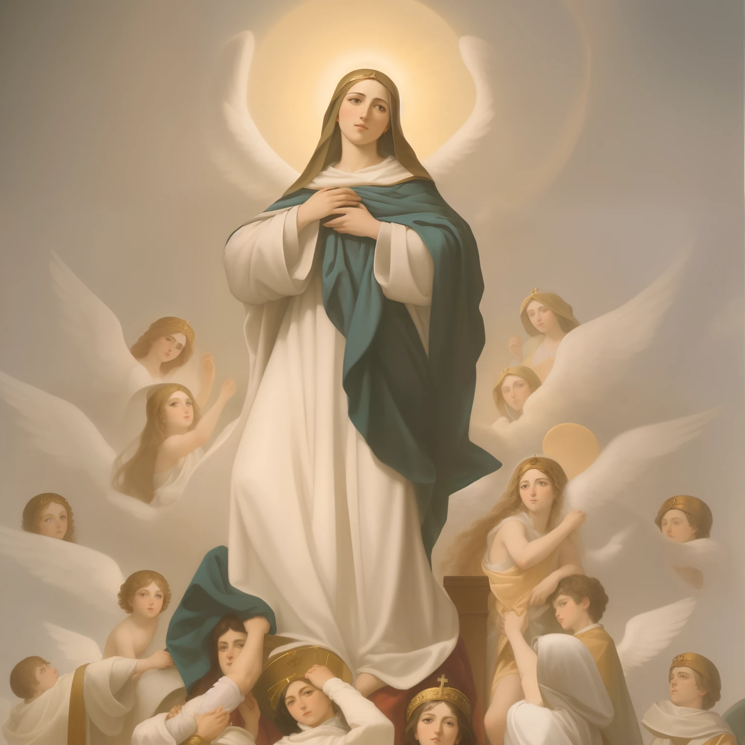 uma pintura de uma mulher com anjos ao seu redor, queen of heaven, catholic religious art, Virgem Maria, majestosa mulher de santo, imagens sagradas, pintura religiosa, santo e belo, arte sacra, iconografia religiosa, she is arriving heaven, Retrato da Virgem Maria, Arte Sacra Renascentista, Directed by: Guido Reni, mary in a sanctuary, Obra-prima italiana, cheio de pinturas de anjos