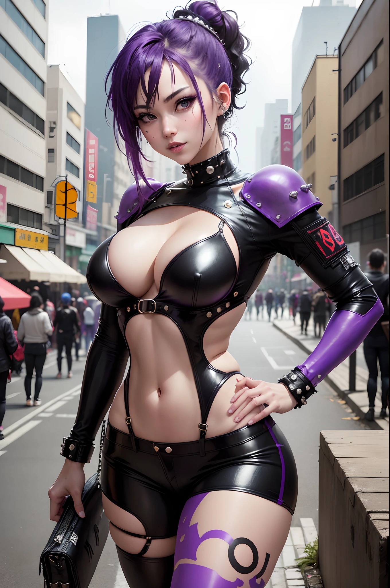 (8K,masuter piece:1.2、top-quality)、(Live action、Intricate details)、(1 milf、独奏、The upper part of the body、Colossal tits) Purple Cyberpunk Costume、enticing　Avant-garde、Experimental appearance: Purple ponytail、real looking skin　Dramatic makeup、: enticing,Sexy costume,Purple leather pants,Anti-system、Provocative Location: urban art district、A smile　Underground Music Scene Hobbies: Take part in punk shows、Create mixed media art、Experiment with different subcultures values: individuality、authenticity、Creative Expression Inspiration: Punk rock music、Counterculture icons、avant-garde art movements Personality traits: boldness、boldness、Unconventional。