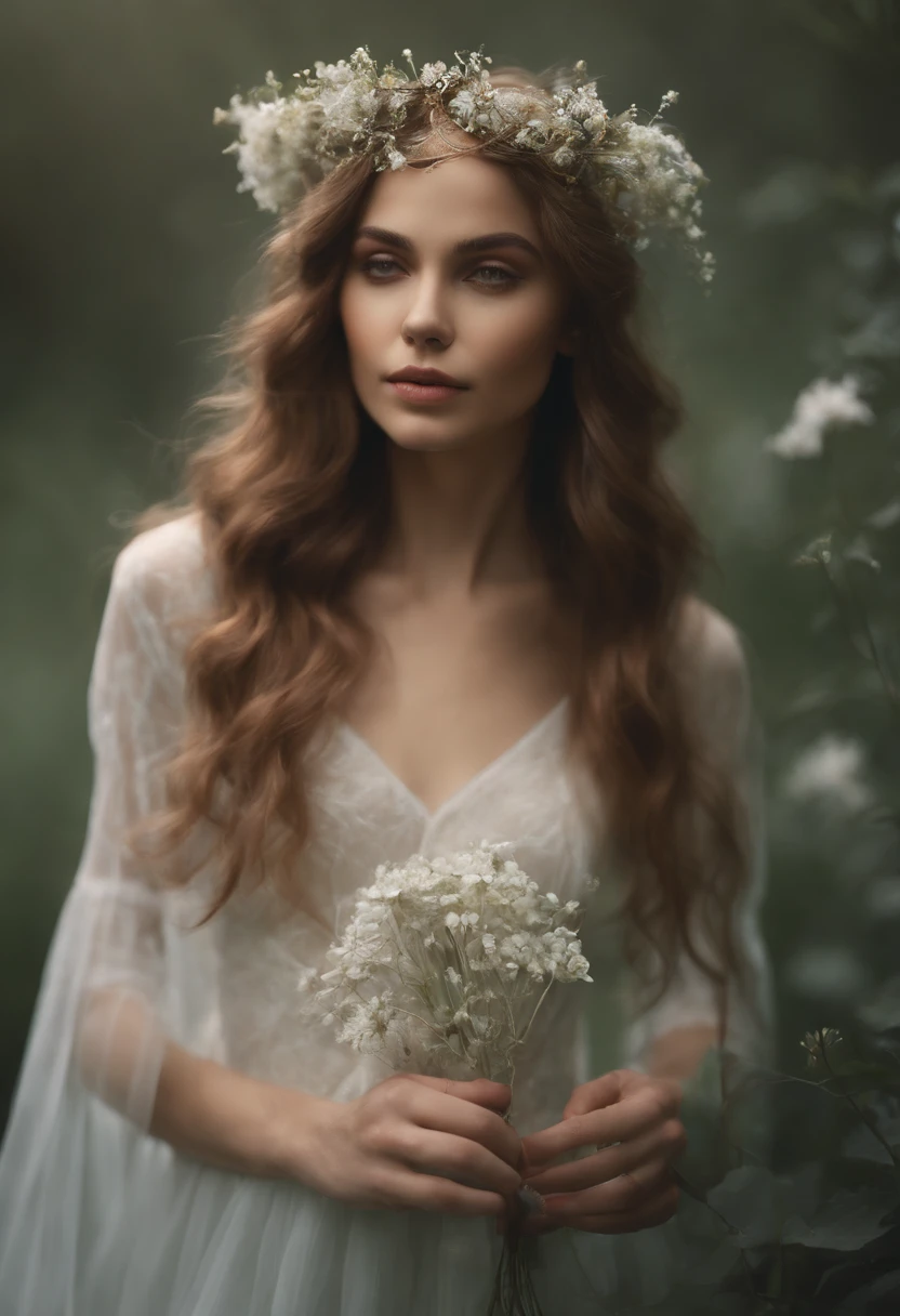 Arafed Mujer con cabello largo con una corona de flores, arte digital inspirado en Elsa Bleda, tumblr, fantasy art, Ethereal Beauty, ethereal fairy tale, Ethereal hair, a stunning young ethereal figure, monia merlo, con flores congeladas a su alrededor, Incredibly ethereal, long glowing ethereal hair, very beautiful elven top model, Fairy aesthetics, very ethereal, Hermoso retrato, Cara y ojos perfectos, por Irakli Nadar, Arte digital ultra realista, Arte digital ultrarrealista, Arte digital ultrarrealista