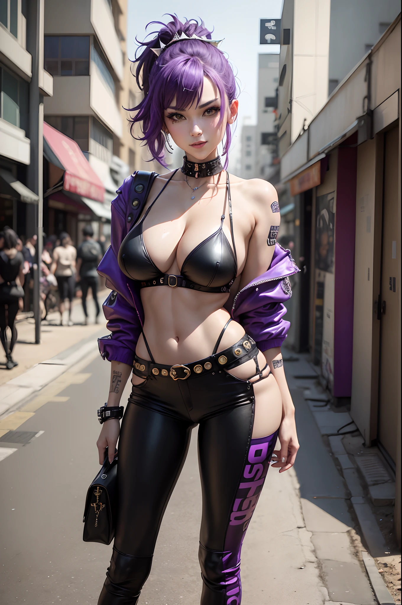 (8K,masuter piece:1.2、top-quality)、(Live action、Intricate details)、(1 milf、独奏、The upper part of the body、Colossal tits) Purple Cyberpunk Costume、enticing Avant-garde、Experimental appearance: Purple ponytail、real looking skin Dramatic makeup、: enticing,Sexy costume,Purple leather pants,Anti-system、Provocative Location: urban art district、A smile Underground Music Scene Hobbies: Take part in punk shows、Create mixed media art、Experiment with different subcultures values: individuality、authenticity、Creative Expression Inspiration: Punk rock music、Counterculture icons、avant-garde art movements Personality traits: boldness、boldness、Unconventional。