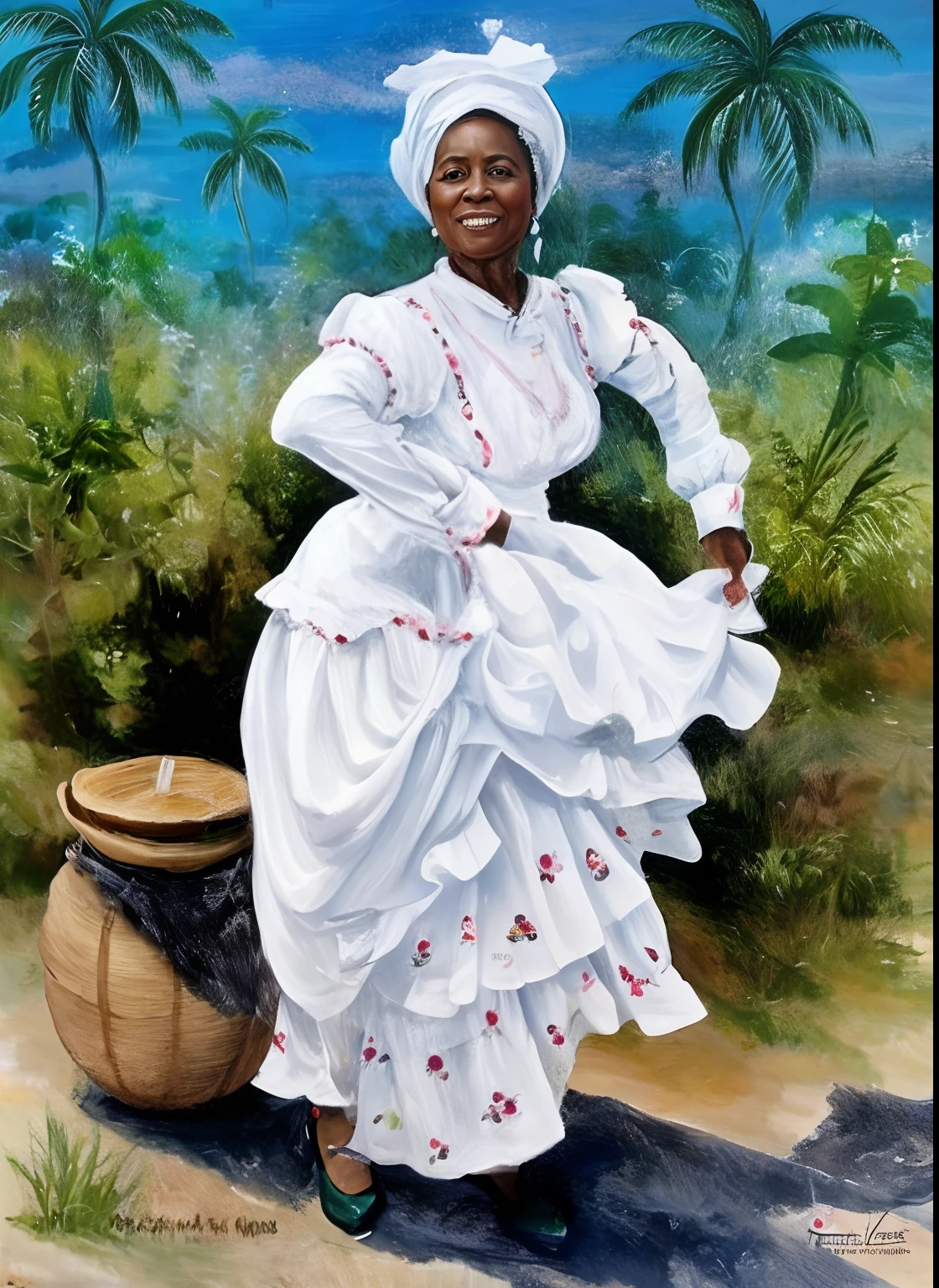 Painting of a 60-year-old woman in a white dress and hat, sorrindo, Directed by: Chinwe Chukwuogo-Roy, inspirado por Mary Byfield, inspirado em Gladys Kathleen Bell, mulher africana, Directed by: Herbert MacNair, inspirado em Chinwe Chukwuogo-Roy, pintura de uma mulher, Directed by: Dorothy Coke, arte tradicional, Arte de Pedro Bell