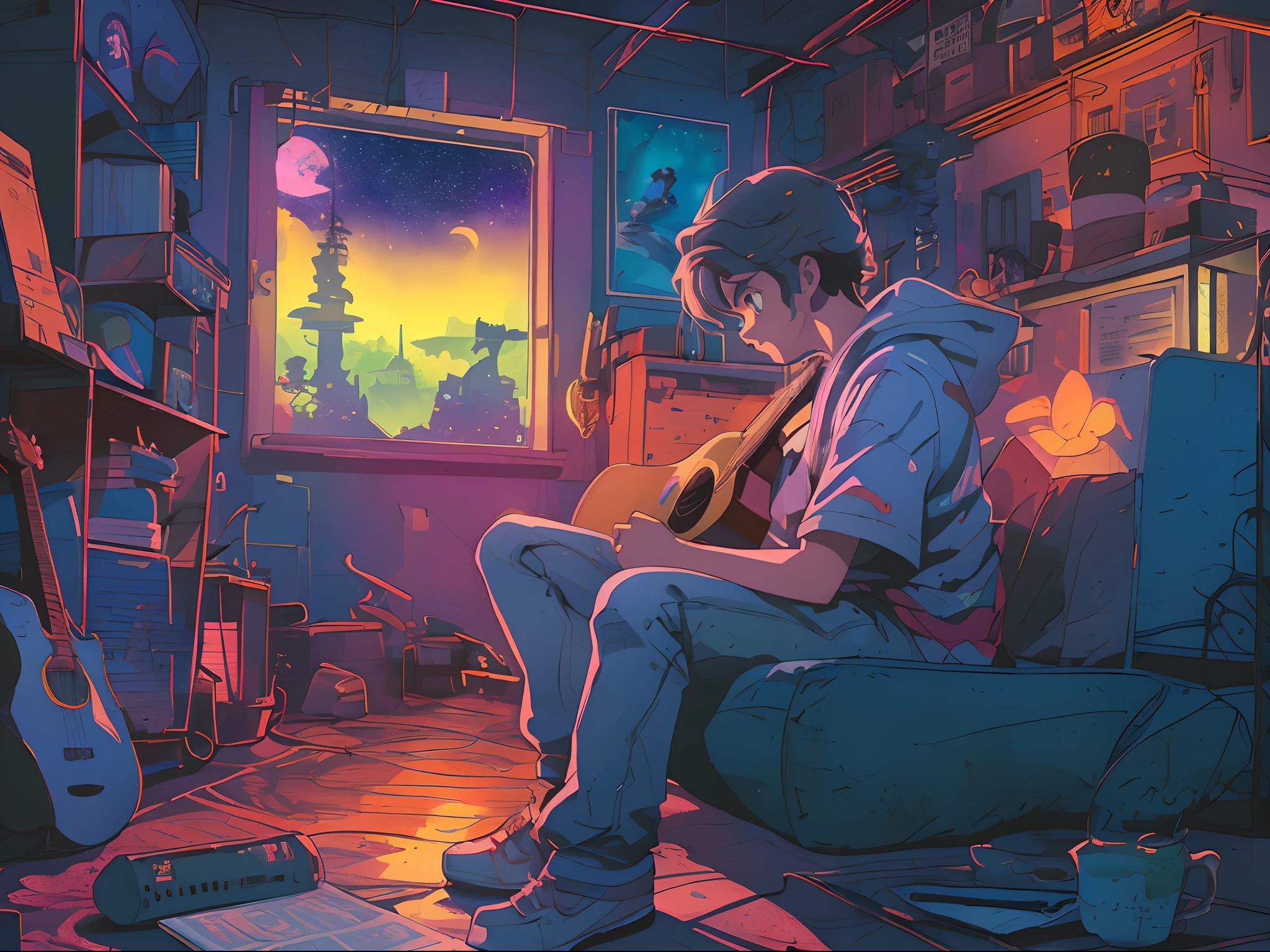 (ZERO), Um menino sentado no telhado de uma casa velha, segurando uma guitarra, Imagem Lo-fi,retro, plano,2.5D, luz noturna, vista para o telhado, Paisagem Neon, beautiful colorful night sky,Estrelas ,analog color theme, fantasia ,arte de linha, desenho a tinta digital, Linha de tinta grande, Aquarela, cor goauche, Estilo Studio Ghibli, Amazing color, Outurn, Synthwave, Arte ZERO,Estilo anos 90,textura antiga, amplitude,Atmosfera dos anos 90, master part, Habilidades massivas