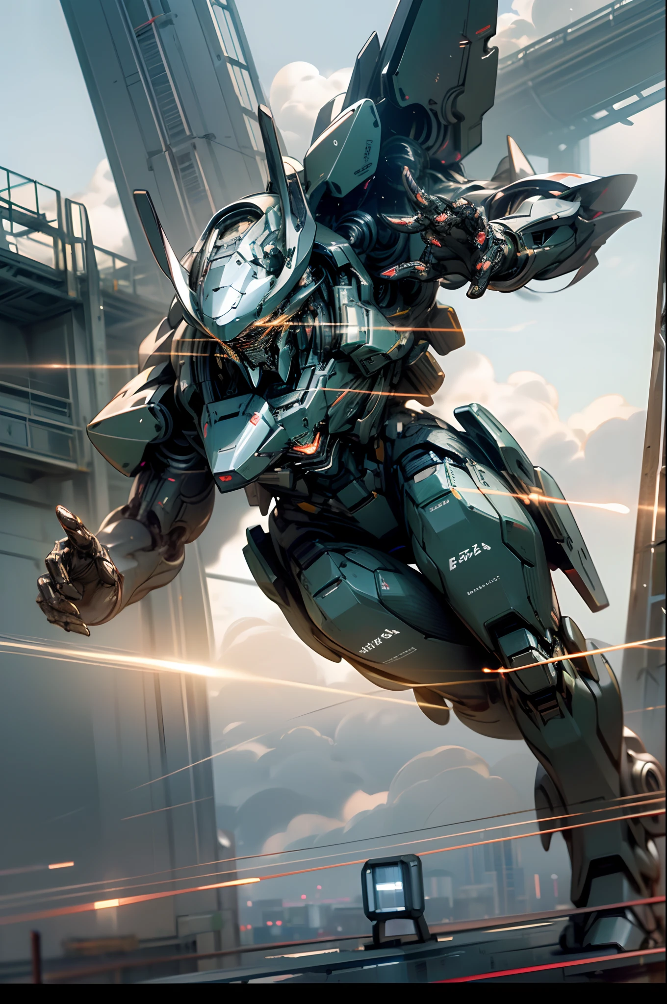 Vanishing Point (from below), cinematic lighting, motion blur, flash, ray tracing, high quality, limited award-winning, best quality, high detail, 16K, 8K, sky, clouds, holding_weapon, no_humans, glow, robot (levitating, floating, flying), architecture, glowing_eyes, humanoid mecha (levitating, floating, flying), science_fiction, city, realistic, humanoid mecha (futuristic mechatronics feeling),