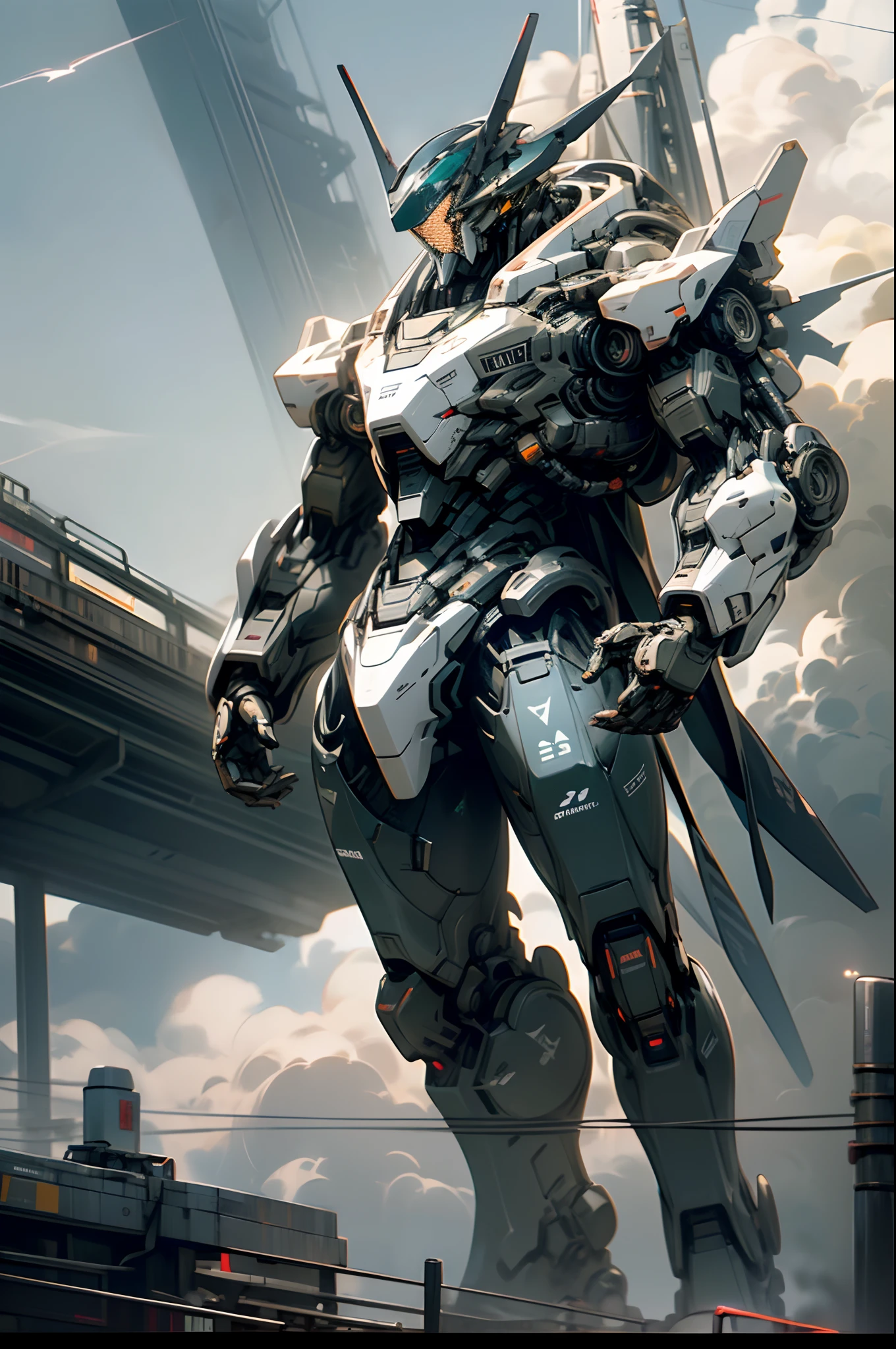 Vanishing Point (from below), cinematic lighting, motion blur, flash, ray tracing, high quality, limited award-winning, best quality, high detail, 16K, 8K, sky, clouds, holding_weapon, no_humans, glow, robot (levitating, floating, flying), architecture, glowing_eyes, humanoid mecha (levitating, floating, flying), science_fiction, city, realistic, humanoid mecha (futuristic mechatronics feeling),