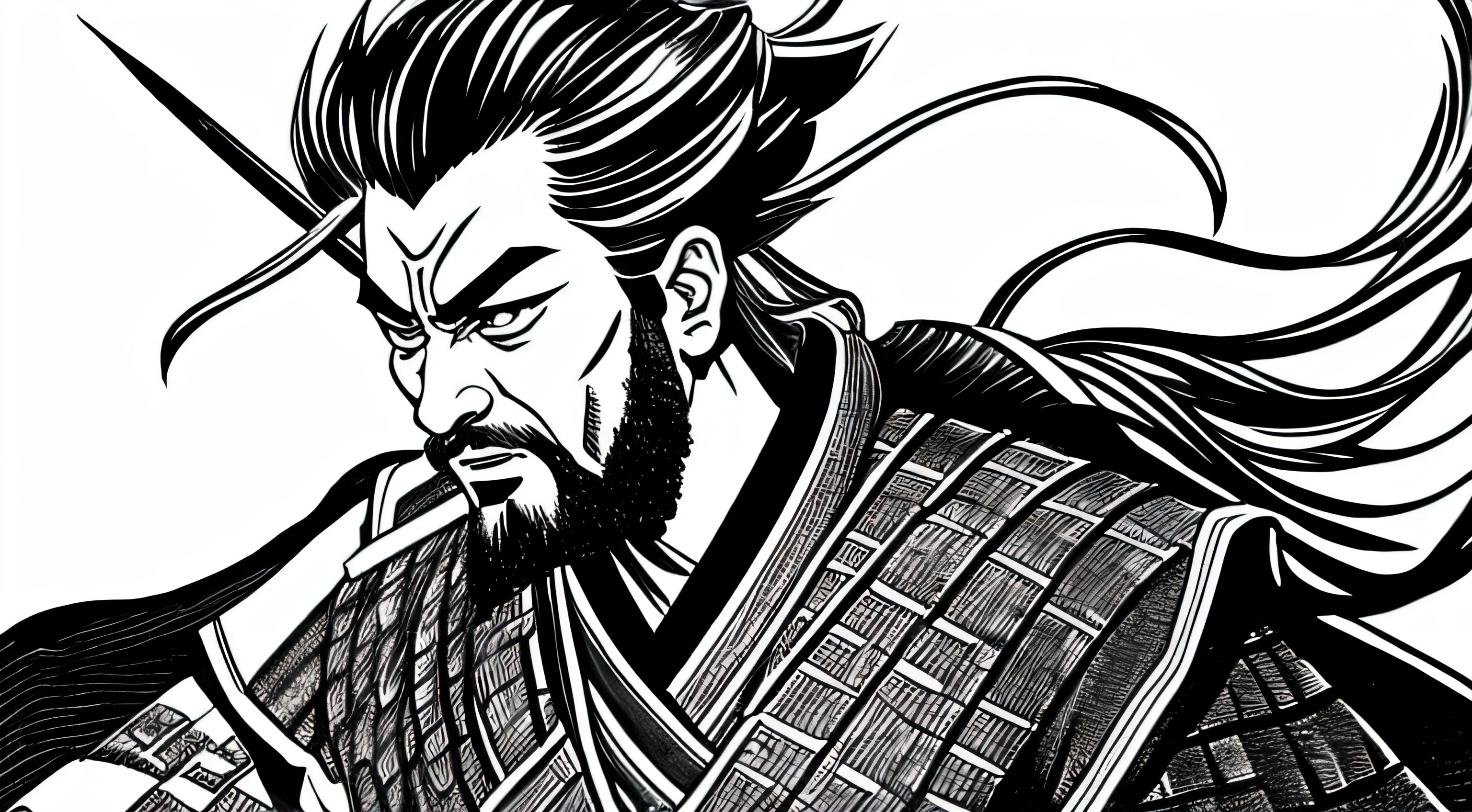Miyamoto Musashi in a battle, manga style drawing with apparent ink lines