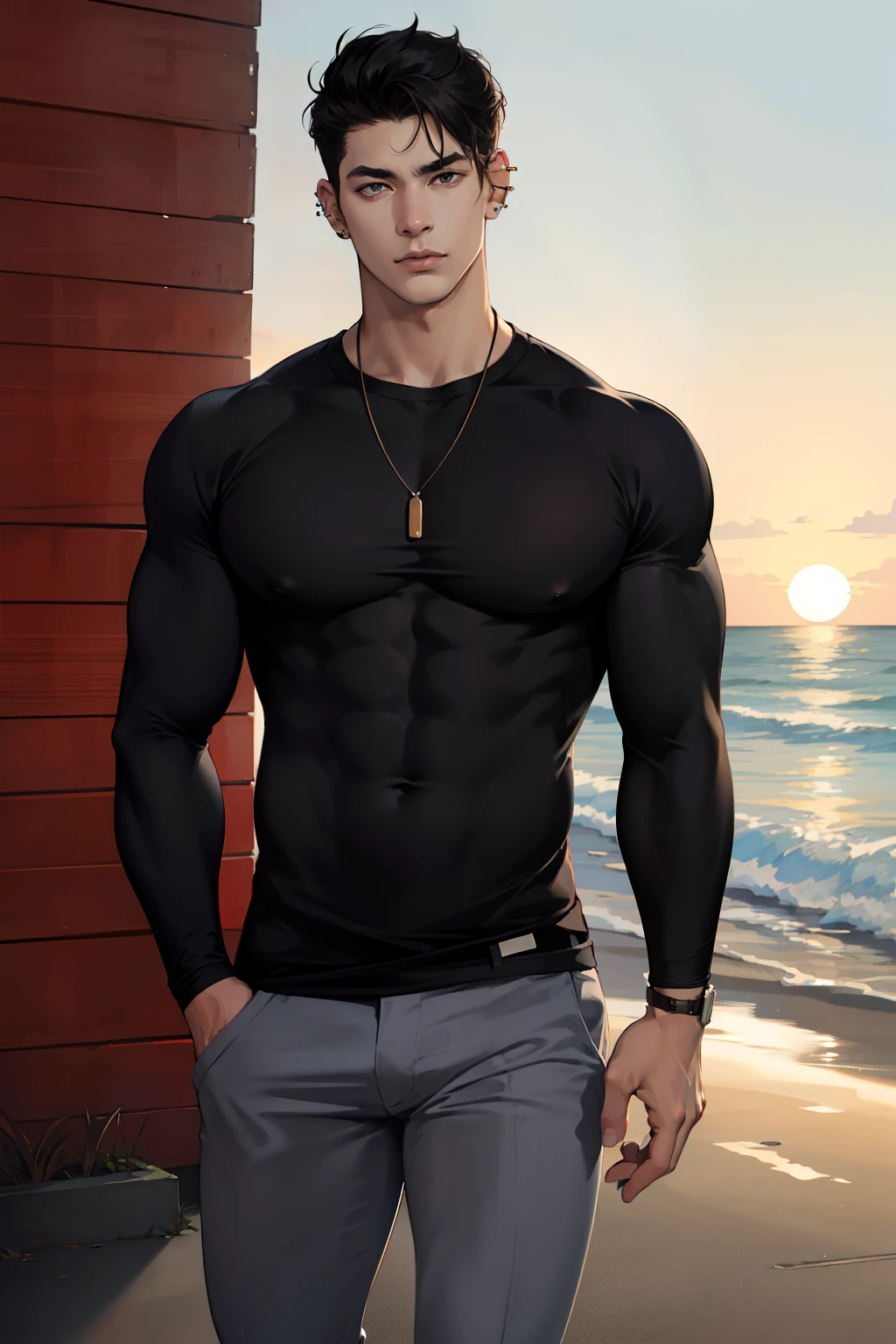 (absurdres, highres, ultra detailed, realistic, ), male focus, 1boy, shirt, solo, background At the sunset, round glasses, thermal long sleeve shirt, pants, black hair, Black shirt, closed mouth, short black hair combed back with a few strands on the face, muscular chest and arms, thick eyebrows, thin nose, young face, ear with piercings