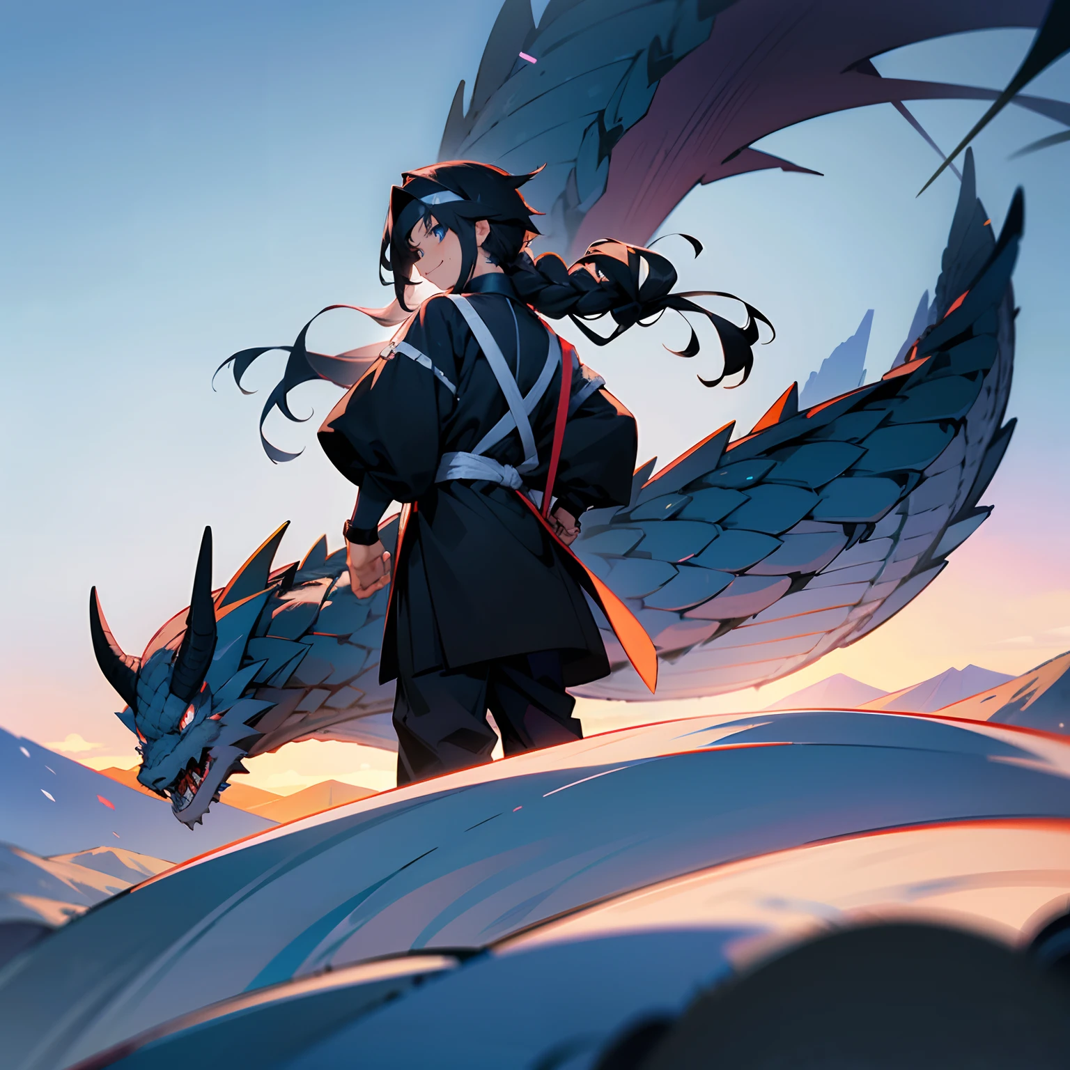 1male ,black gi , mountain background , blue  eyes , layered hair , long hair , Back Knot hair,  black hair , standing looking over mountain , lean build , dragon in the background , white headband , lean build , 4k best quality , ultra good quality , cocky smile