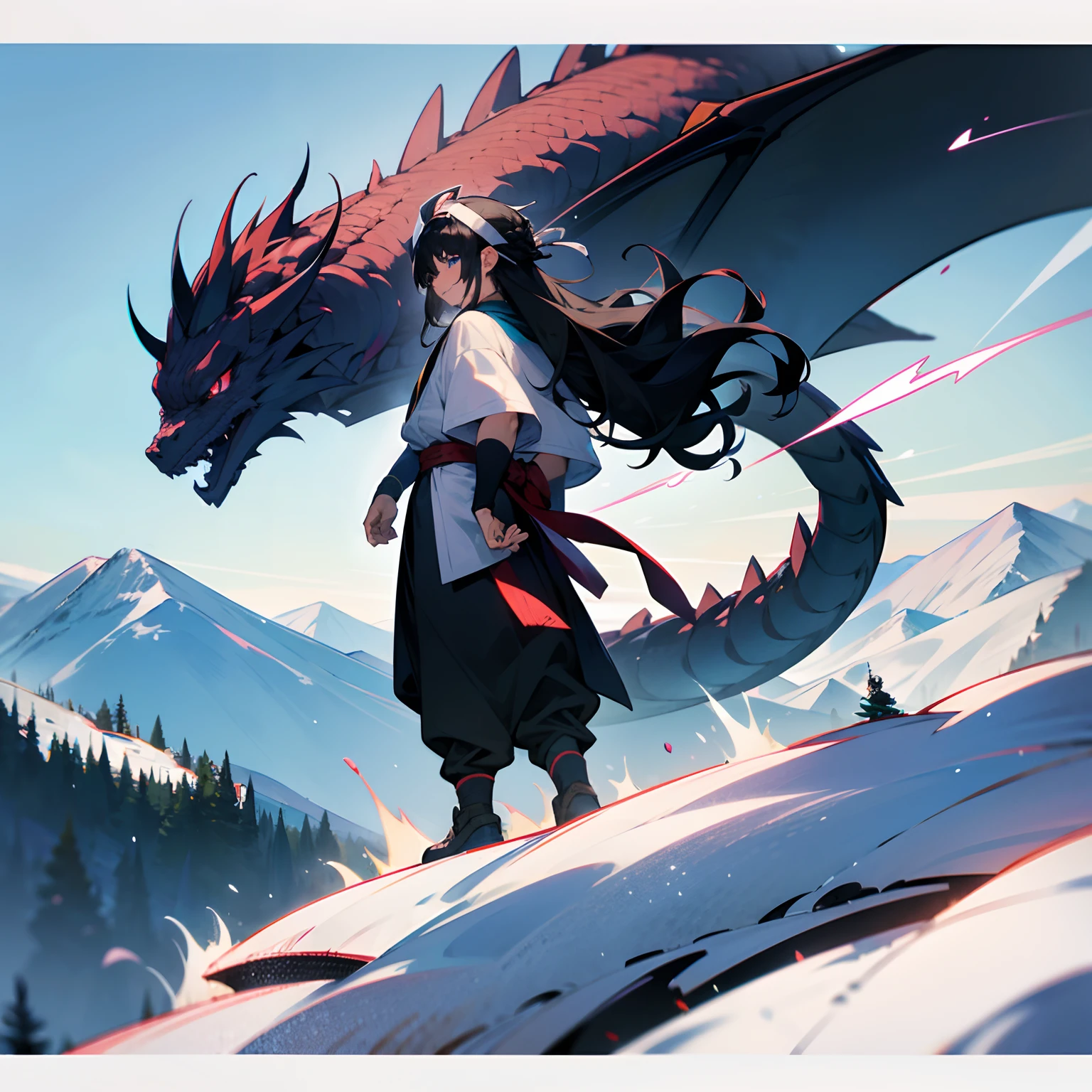 1male ,black gi , mountain background , blue eyes , layered hair , long hair , Back Knot hair, black hair , standing looking over mountain , lean build , dragon in the background , white headband , lean build , 4k best quality , ultra good quality , cocky smile