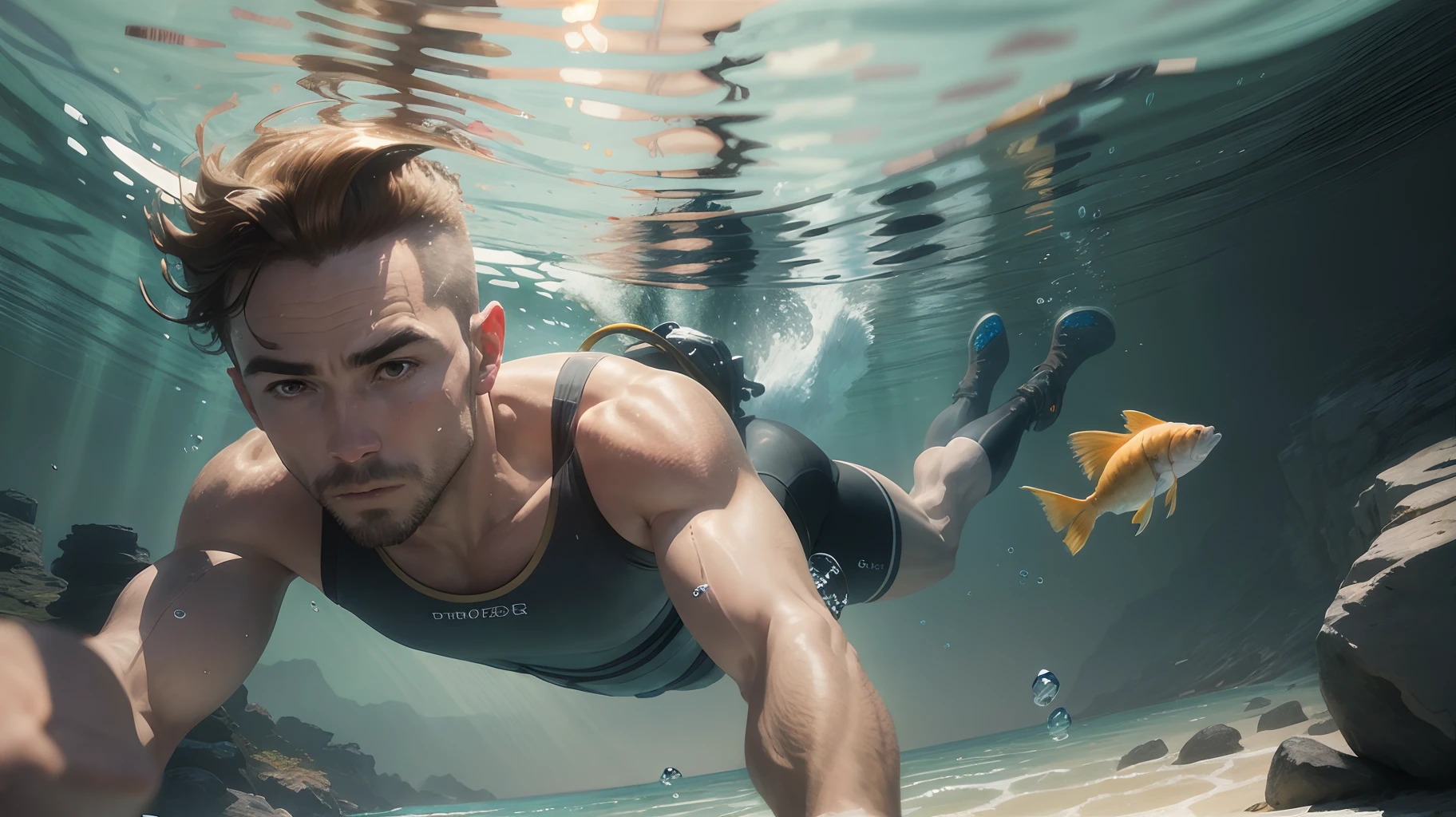 Portrait of an image of a man diving towards the bottom, crystal clear water some fish, scenery, golden hour