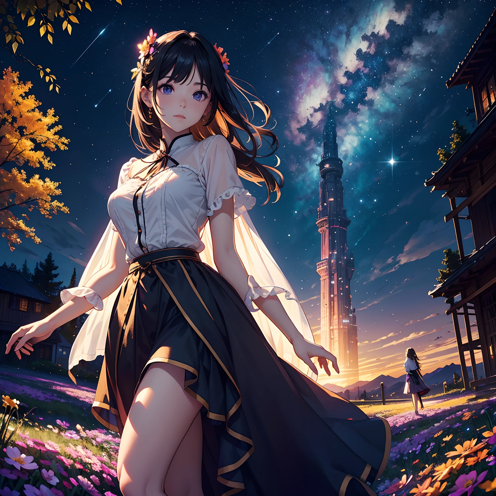 Expansive landscape photograph，（look from down，Above is the sky，Below are open fields），A beautiful girl stands on a flower field and looks up at the sky，（moon full：1.2），（meteors：0.9），（Starcloud：1.3），Far Mountain, Tree BREAK making art，（Warm light source：1.2），（glowworm：1.2），lamp lights，Lots of purple and orange，Complicated details，Volumetric lighting BREAK（tmasterpiece：1.2），（best qualtiy），4K，ultra - detailed，（dynamic compositions：1.4），detail-rich，plethora of colors，（Irridescent color：1.2），（with light glowing，Atmospheric lighting），dream magical，magical，（独奏：1.2）