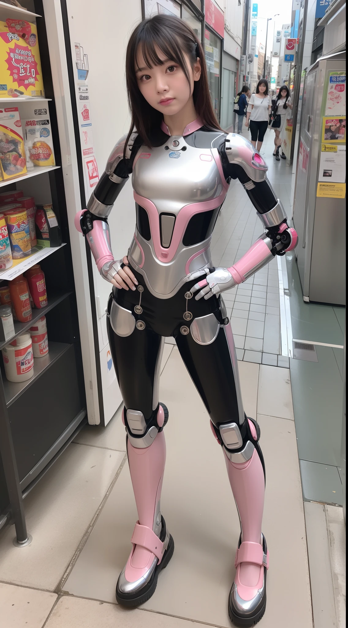 cyborgs, Pink, Silver, metalic, Robot Parts, Metal Parts, Super Detailed Face, Super Cropped Face, of the highest quality, a small face, Full body, Standing, Black hair, Thin, Camera gaze, Internal Mechanical Exposure, Idol, Live action,, 9 head body, gravure, Photo session, akihabara, Moe Pose, Frontal, Model body type, sad, Embarrassing,(Perfect Robot Girl),(Perfect machine body)