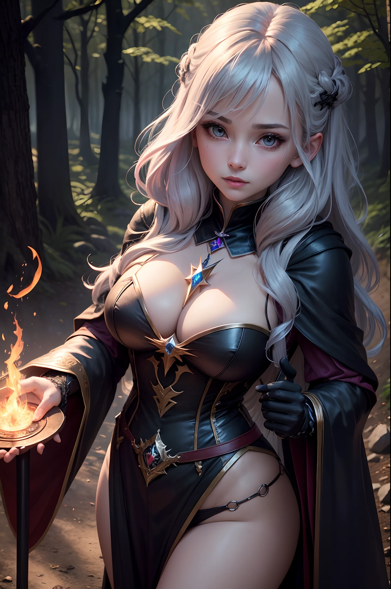 8K,Dressed in a witch's costume with a bright wand、A female mage who conjures up spells、(Face like the real thing)dark fantasy female magician、Portrait of a female magician、Beautiful female magician、Female sorceress、Female Thunder Mage、Lightning Mage Character　Beautiful expression　超A high resolution　real looking skin　in woods