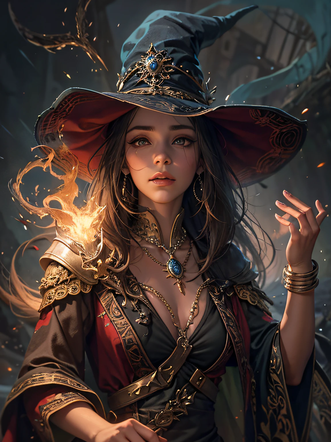vestida com um traje de bruxa segurando uma varinha brilhante, Female mage conjuring a spell, mago feminino de fantasia sombria, retrato de feiticeira feminina, Beautiful Female Sorceress, maga feminina, maga de fogo feminina, maga de fogo personagem, vestes vermelhas e cabelos loiros