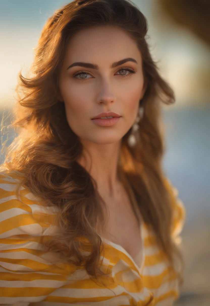 lndswgnr, (Sharp focus: 1.5), (sharp focus:1.2), portrait, attractive young woman, (beautiful face:1.1), detailed eyes, luscious lips, (eye makeup:1.2), (tight body:1.2), wearing (yellow striped 1980s dress:1.2) at (the beach:1.2). (morning sun lighting:1.2), depth of field, bokeh, 4K, HDR. by (James C. Christensen:1.2|Jeremy Lipking:1.1).