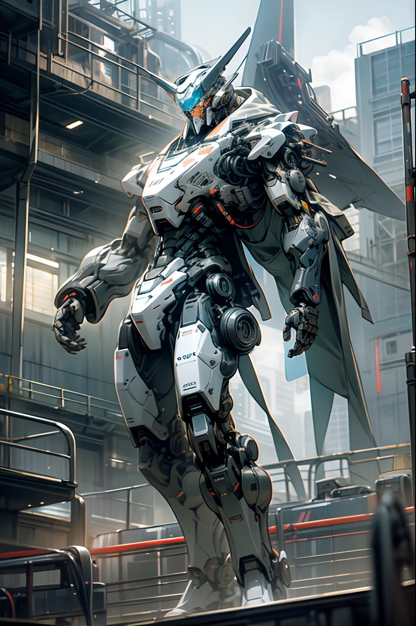 Vanishing Point (from below), Cinematic Lighting, Motion Blur, Flash, Ray Tracing, High Quality, Award-Limited, Best Quality, High Detail, 16K, 8K, Sky, Clouds, holding_weapon, no_humans, Glow, Robot (Air), Building, glowing_eyes, Humanoid Mecha (Air), science_fiction, City, Realistic, Humanoid Mech (Futuristic Mechatronics Feel),