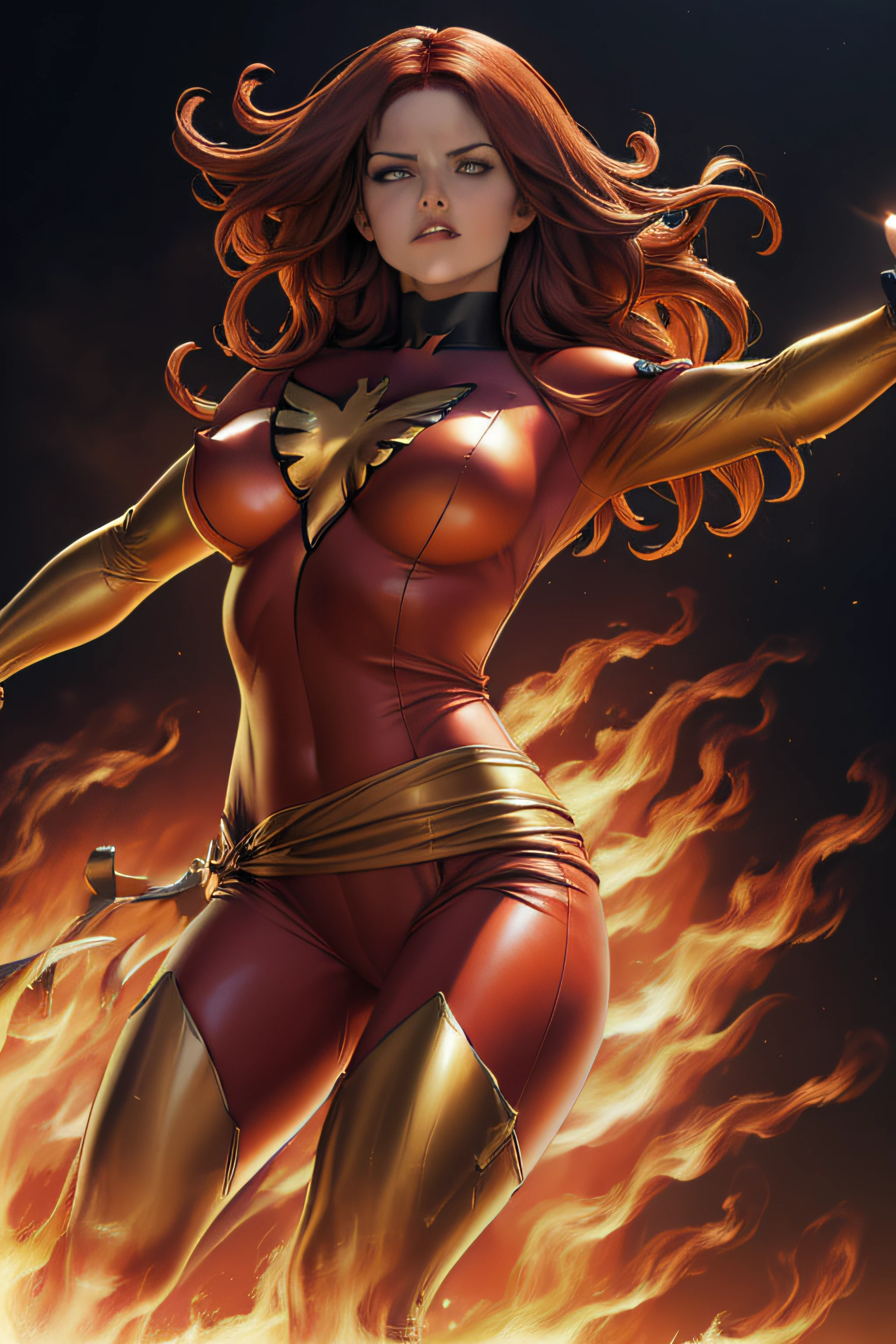 (best quality,4k,8k,highres,masterpiece:1.2),ultra-detailed,(realistic,photorealistic,photo-realistic:1.37),bounds and gags Jean Grey Phoenix, bondage ballgag full body, leather outfit, fiery red hair, intense expression, glowing eyes, powerful energy aura, flying in mid-air, dynamic pose, dramatic lighting, smoky background