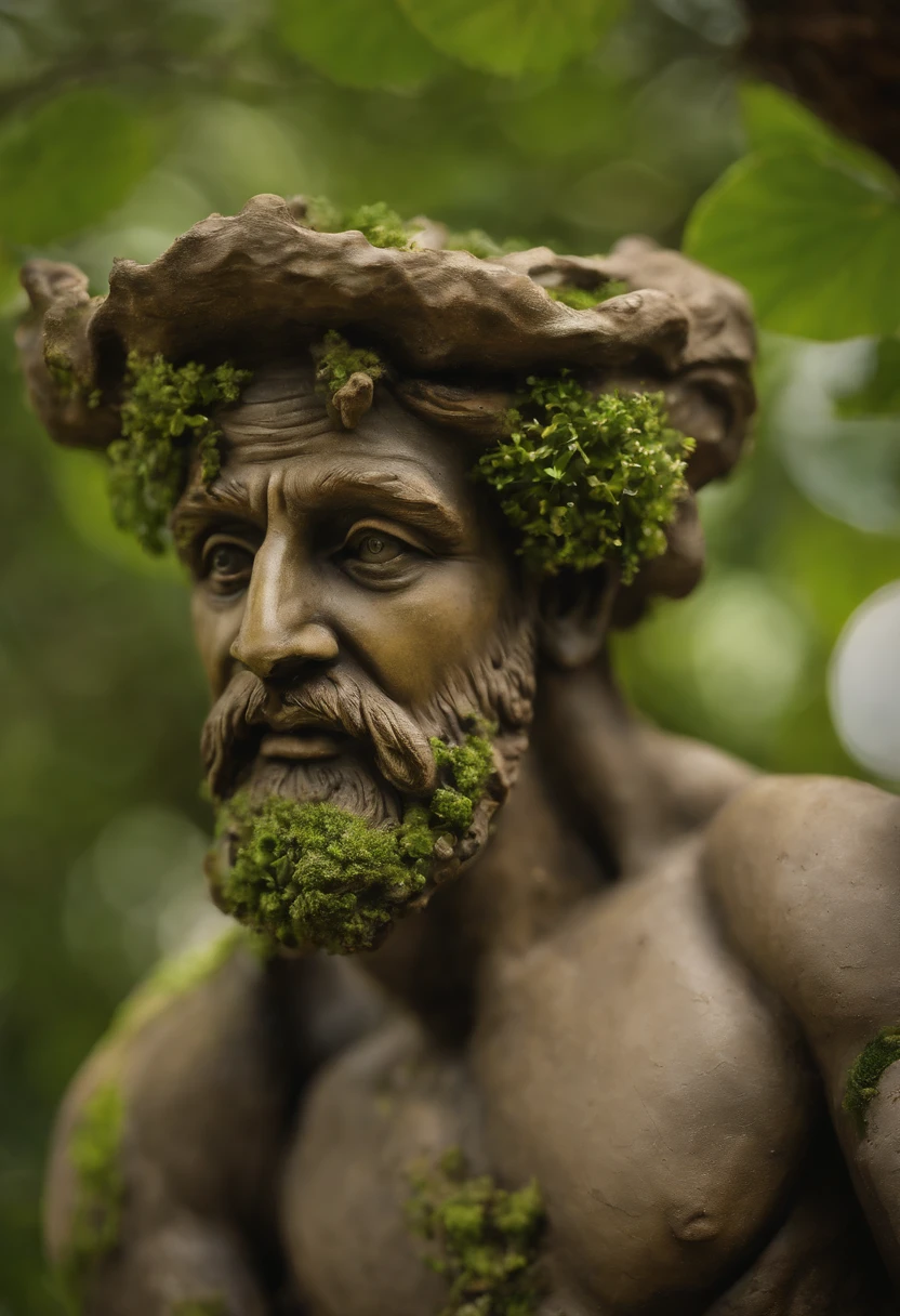 a realistic sculpture of the god atlas carrying the planet on his back, the earth need to be big and on his back. With moss and plants on it as if the sculpture was old. the sculpture must be on a stand