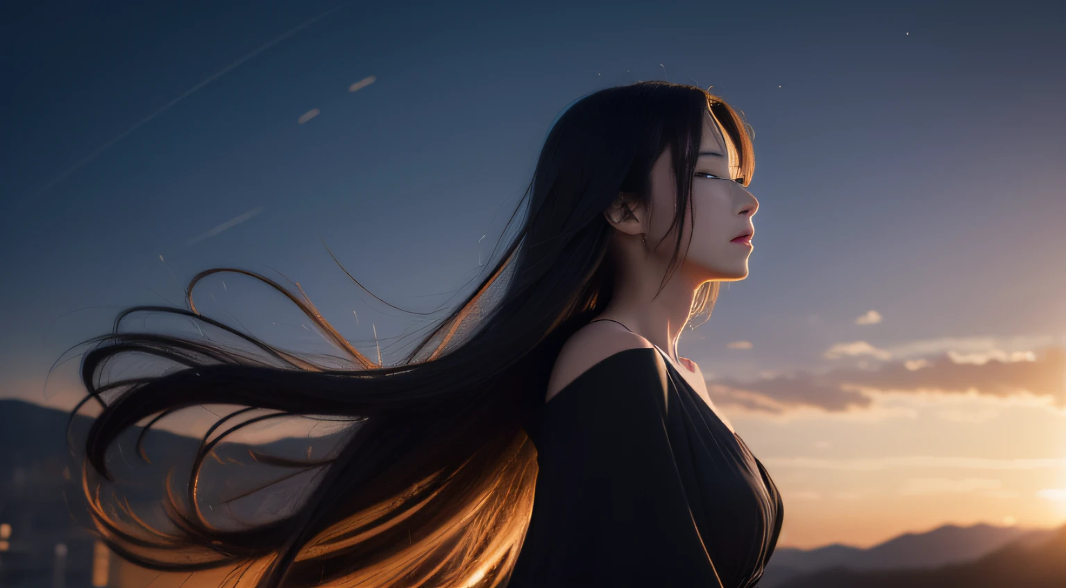 (Cinematic Digital Artwork: 1.3), Perfect black dress、High quality, masutepiece, of the highest quality, Super Detail, Illustration, [4K Digital Art]!!、 Kyoto Animation Style, One Woman, Clavicle beauty, 鎖骨, light, wanting, Looking Up to the Heavens、Close your eyes、shed tears、Blue sky, positive, challenge, motivation, brilliance, Dynamic perspective