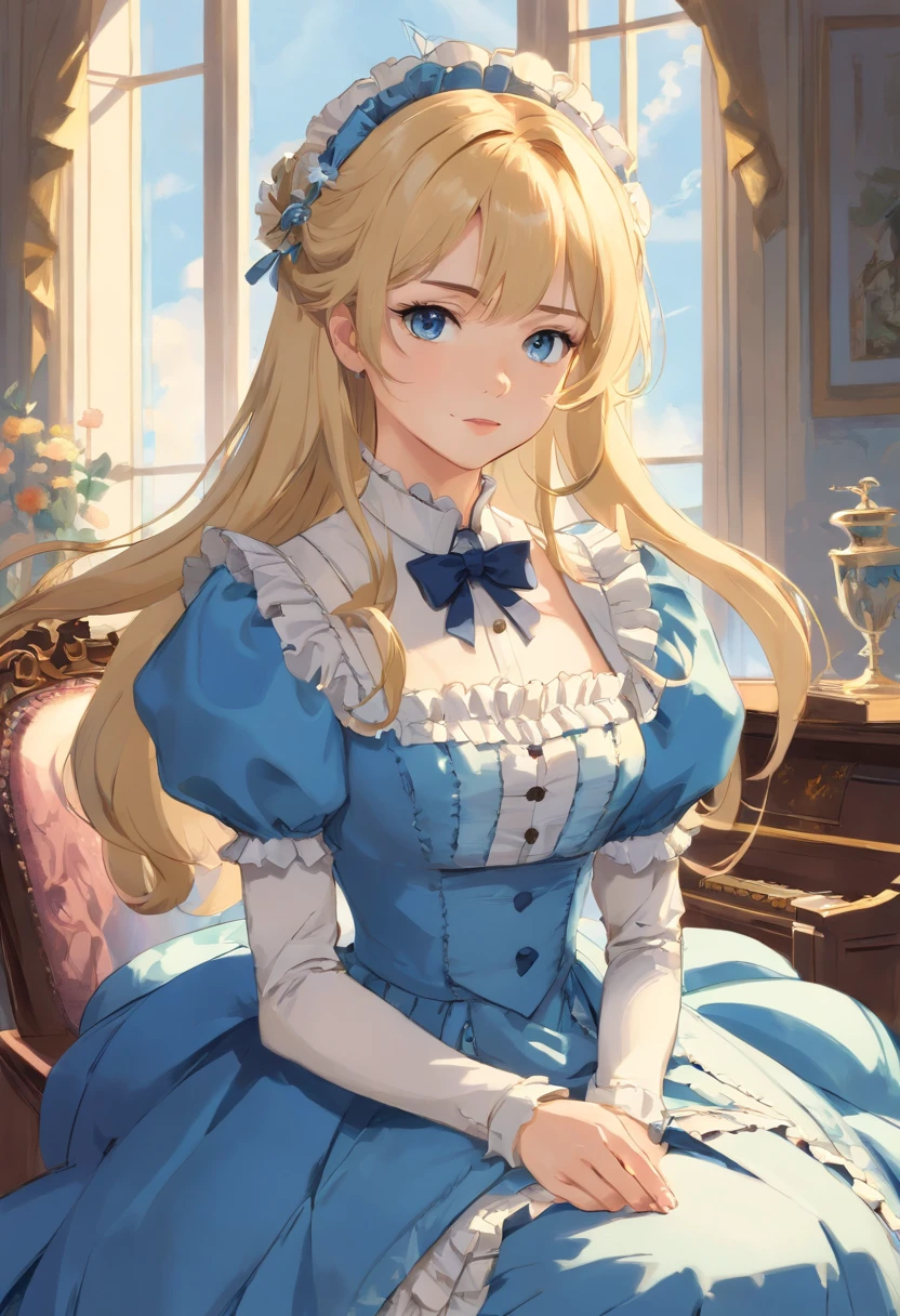 John Tenniel art, A stunningly beautiful but frustrated blonde Greer Grammer wearing an elegant formal Victorian morning dress of fine blue wool