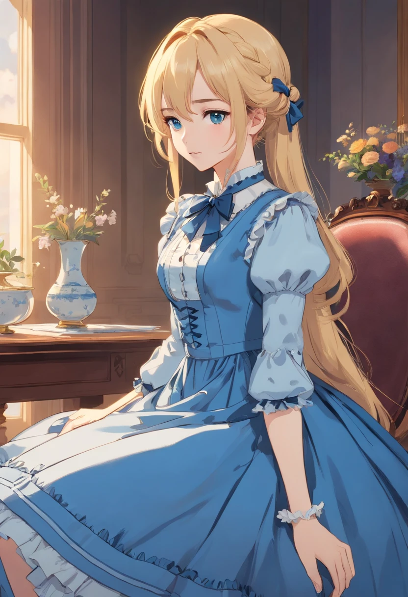 John Tenniel art, A stunningly beautiful but frustrated blonde Greer Grammer wearing an elegant formal Victorian morning dress of fine blue wool