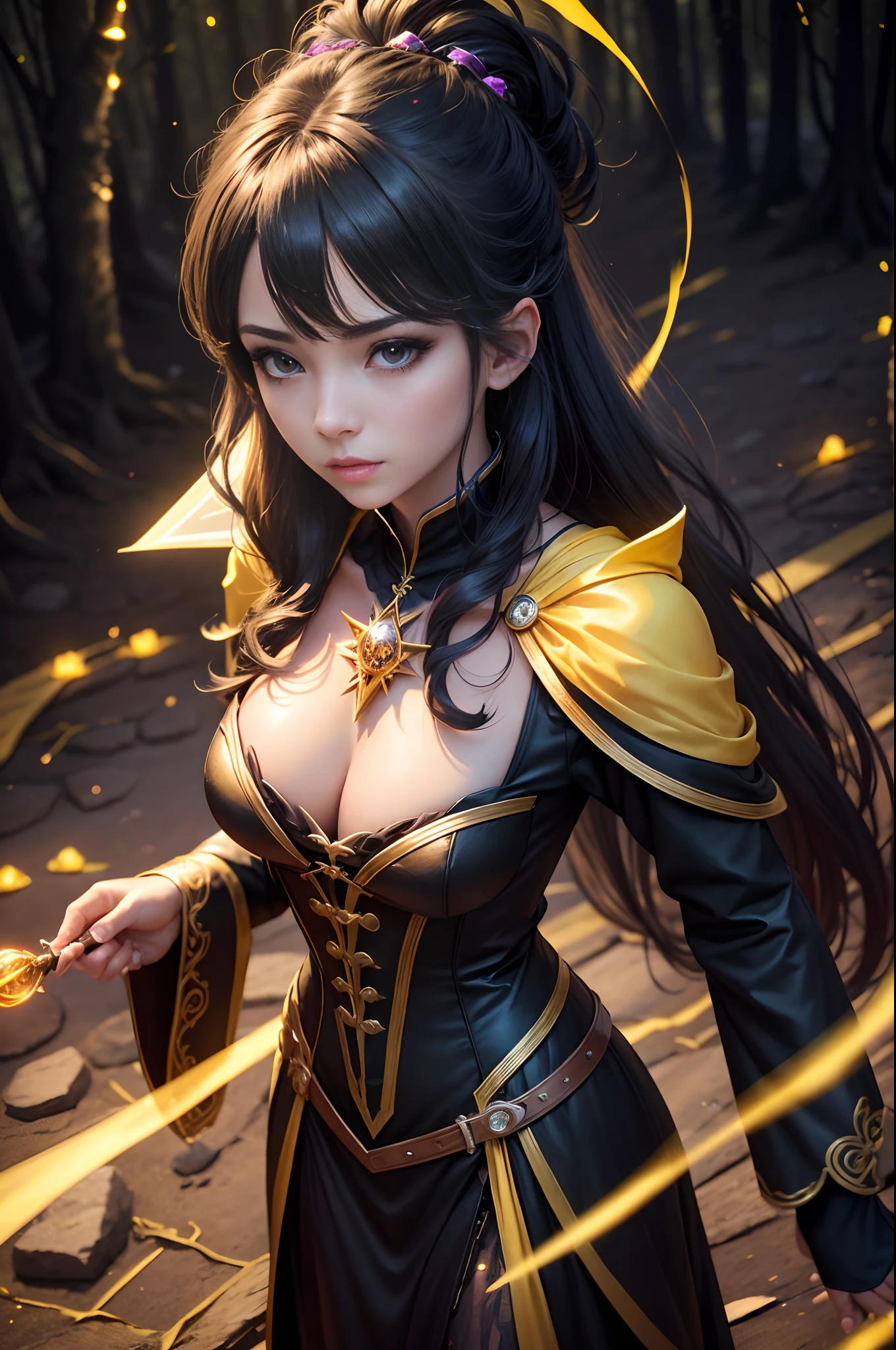 8K,Dressed in yellow and black witch costume with a bright wand、A female mage who conjures up spells、(Face like the real thing)The magic of lightning,dark fantasy female magician、Portrait of a female magician、Beautiful female magician、Female sorceress、Female Thunder Mage、Lightning Mage Character　Beautiful expression　超A high resolution　real looking skin　in woods