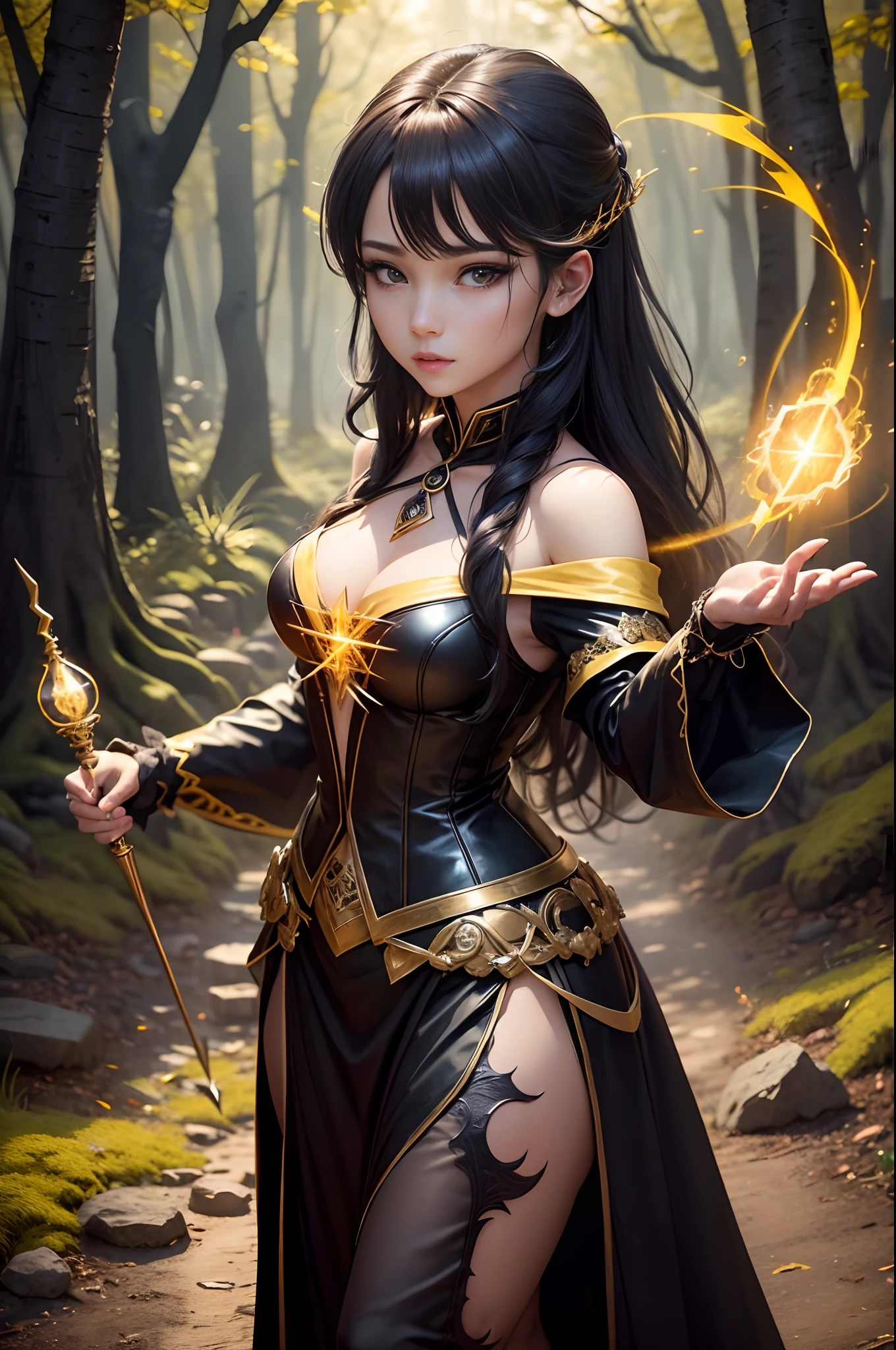 8K,Dressed in yellow and black witch costume with a bright wand、A female mage who conjures up spells、(Face like the real thing)The magic of lightning,dark fantasy female magician、Portrait of a female magician、Beautiful female magician、Female sorceress、Female Thunder Mage、Lightning Mage Character　Beautiful expression　超A high resolution　real looking skin　in woods