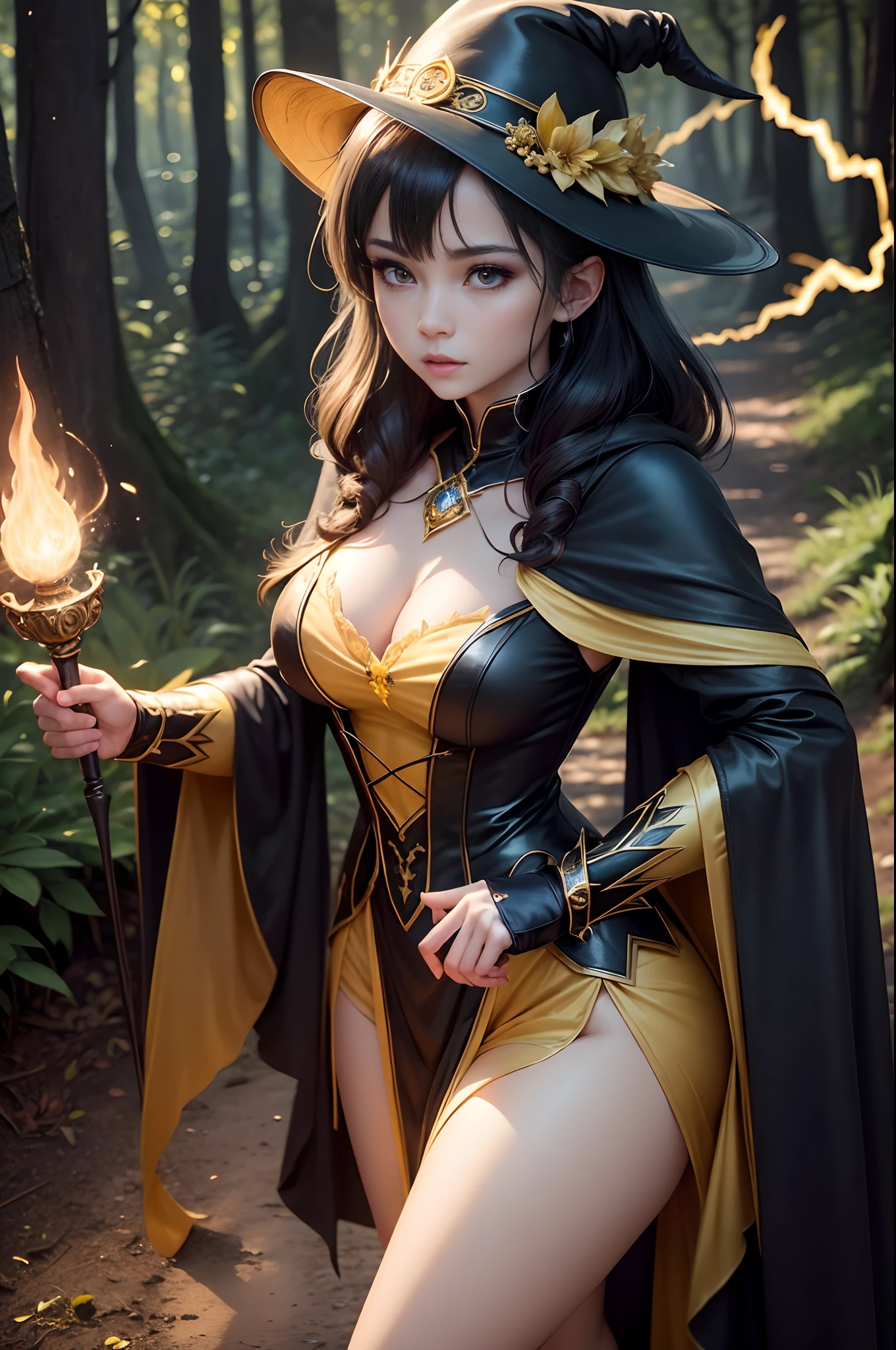 8K,Dressed in yellow and black witch costume with a bright wand、A female mage who conjures up spells、(Face like the real thing)The magic of lightning,dark fantasy female magician、Portrait of a female magician、Beautiful female magician、Female sorceress、Female Thunder Mage、Lightning Mage Character Beautiful expression 超A high resolution real looking skin in woods