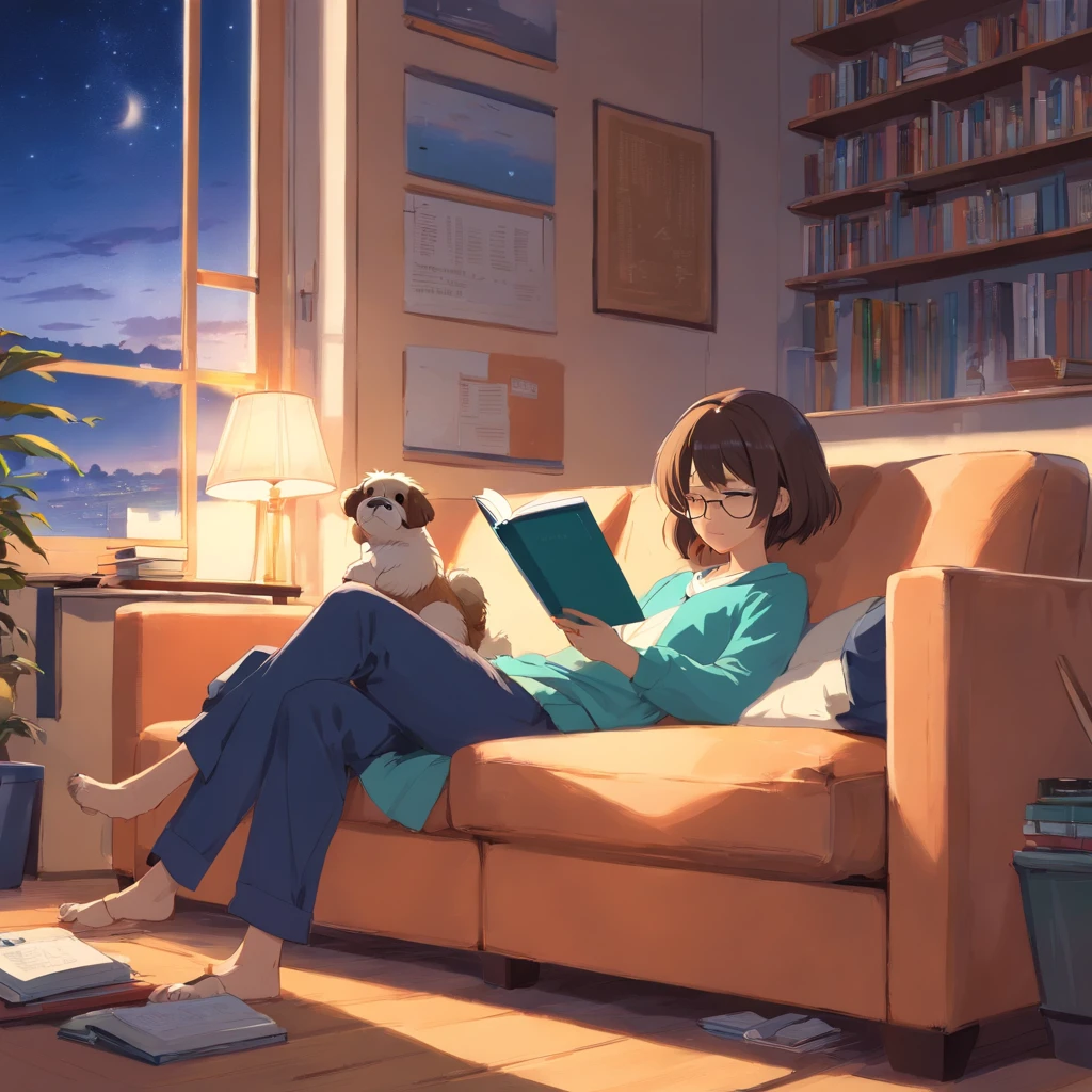The shih tzu sleeping and the tutor reading book on the couch