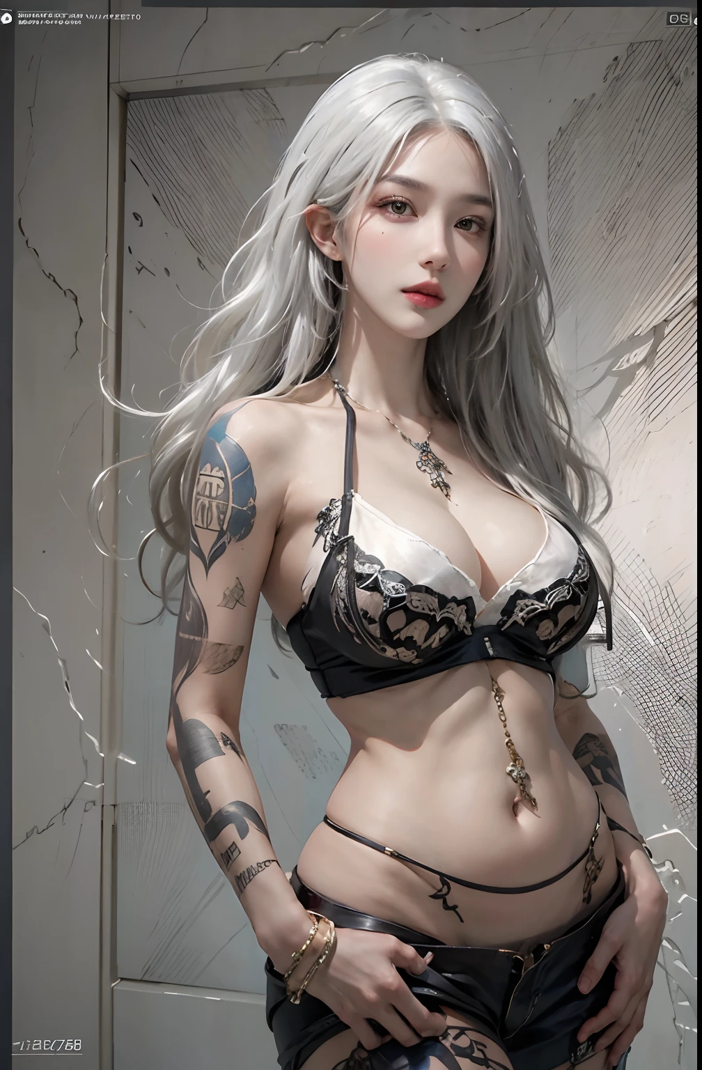 (((show full body))), photorealistic, high resolution, 1women, solo, hips up, look at viewer, (detailed face), white hair, long hair, medium breasts, Stomach tattoos, Gigantic breasts, Heavy breasts,grabbing